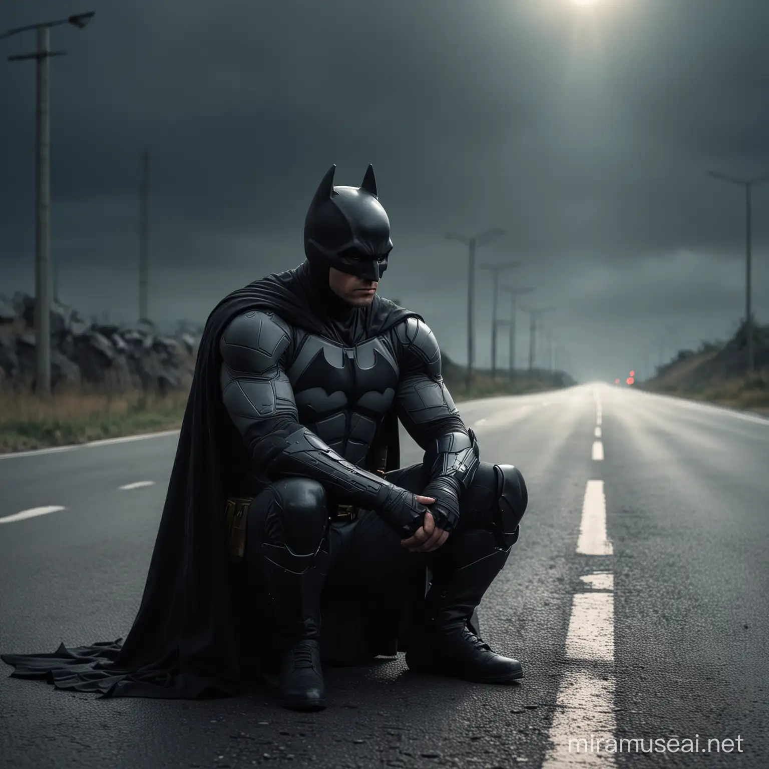 Sad man, look like batman, sitting down alone on road, look up and thinking, cinematic background 