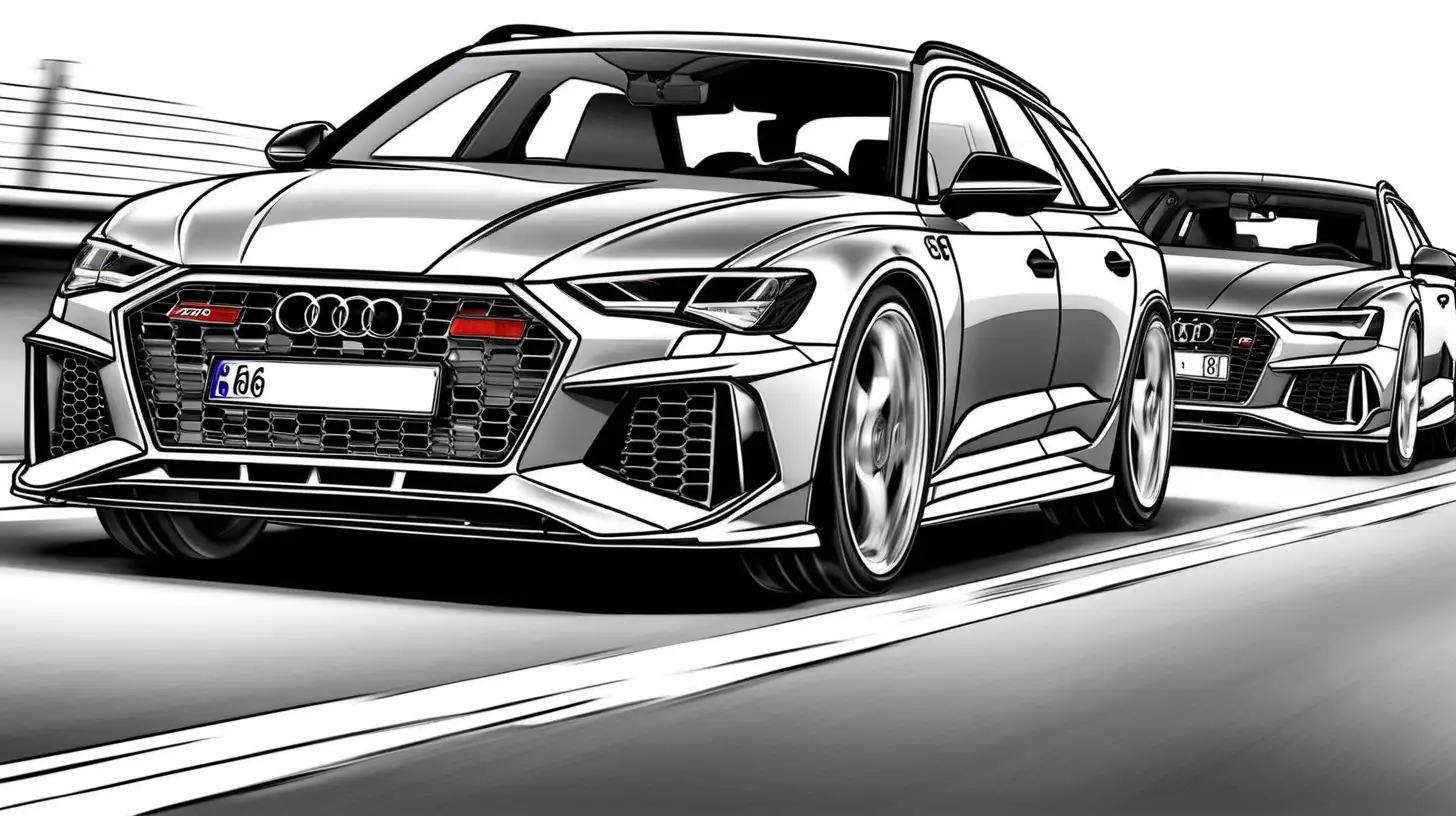 two of the same audi rs6, on a german highway ,going full speed ,street racing ,colouring page style.