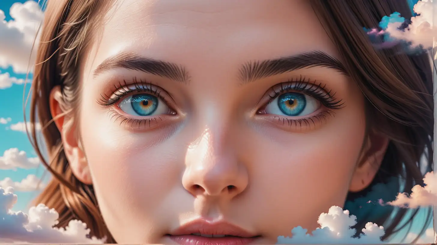A close-up of a woman's eyes who has been mesmerized. The background is a dreamscape of clouds and dreams. 