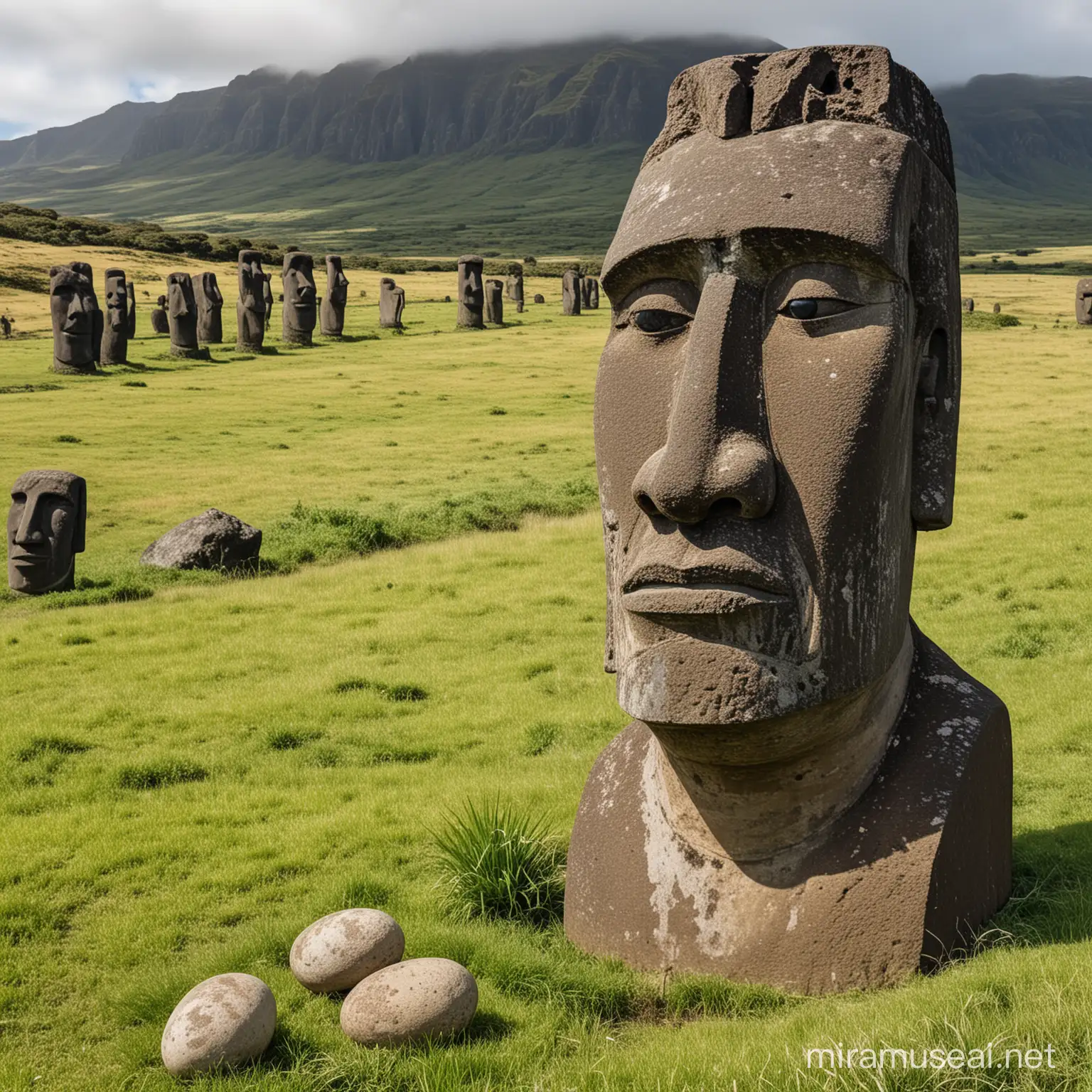 
a moai with a stone head and eggs rolled near it