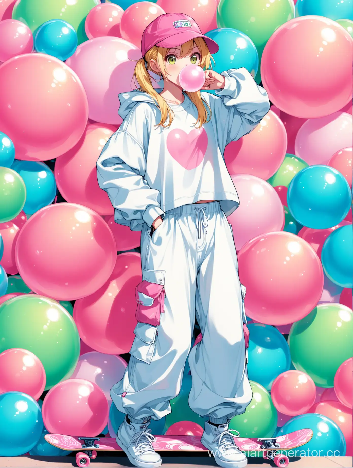 anime girl, boyish style, baggy pants, inflates bubble gum, skateboards, plasters all over her body, blonde hair, cap