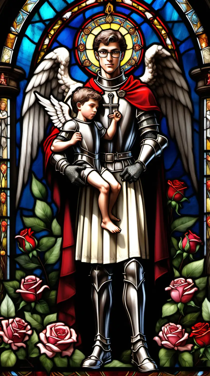 Handsome tall muscular male knight angel holding his short altar boy short hair glasses roses church stained glass 