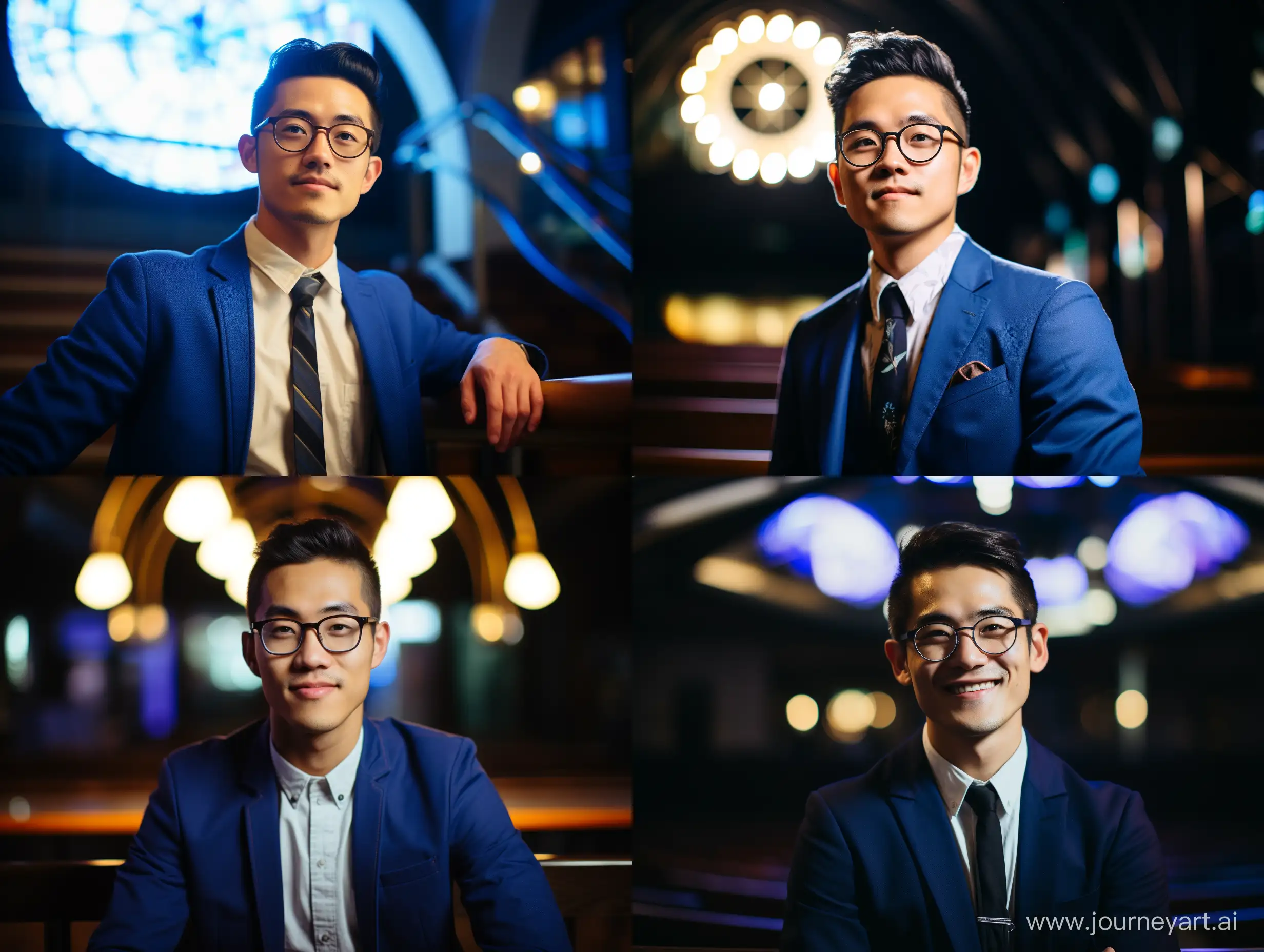 Photo of young Korean American male pastor with round glasses, blue blazer, and white t-shirt. Standing in a dark, neon-lit cool and hip church called "Hope Church."