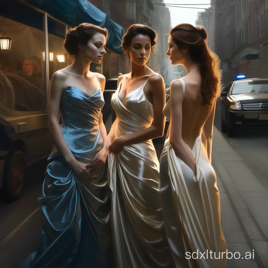 a couple of women standing next to each other on a street, a fine art painting, cgsociety contest winner, figurative art, dressed beautiful gown, draped in silk, great level of detail, belle