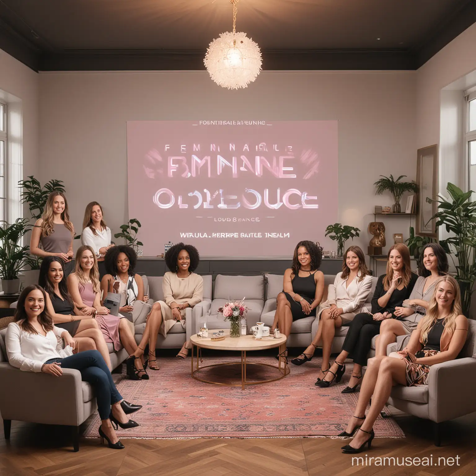 Create a photo-like key visual for 'FeminiBiz Founder Lounge': A virtual space where female entrepreneurs gather to explore AI, business strategies, and empowerment.