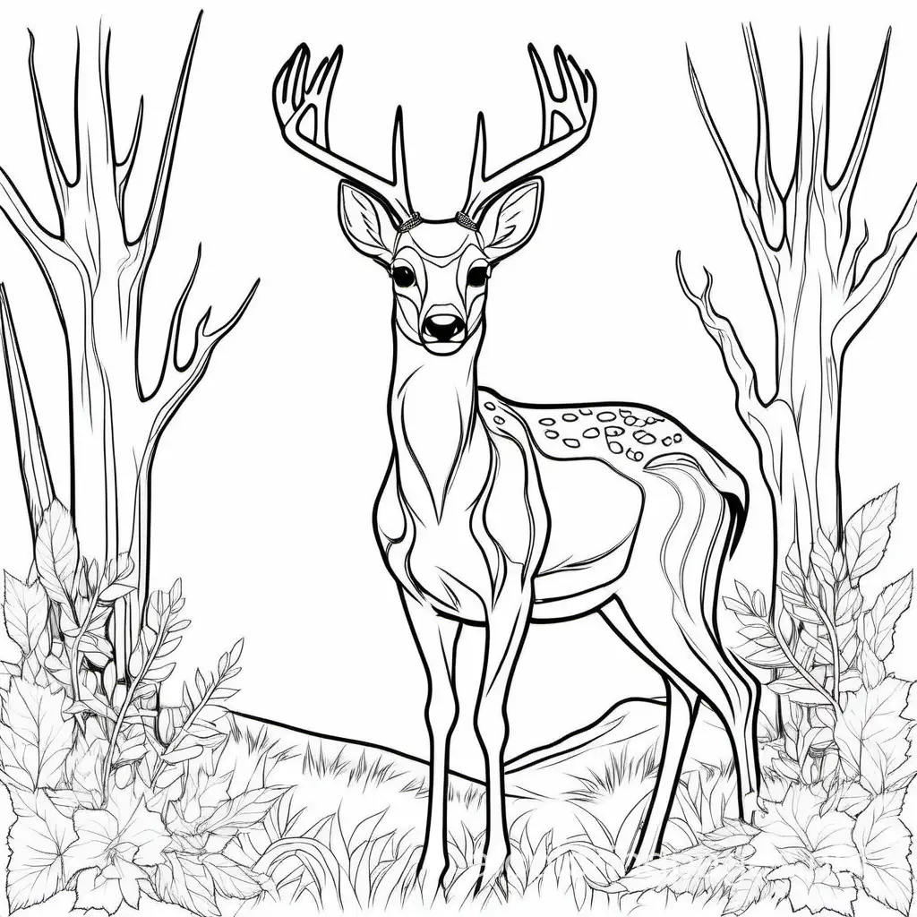 White-tail Deer, Coloring Page, black and white, line art, white background, Simplicity, Ample White Space. The background of the coloring page is plain white to make it easy for young children to color within the lines. The outlines of all the subjects are easy to distinguish, making it simple for kids to color without too much difficulty
