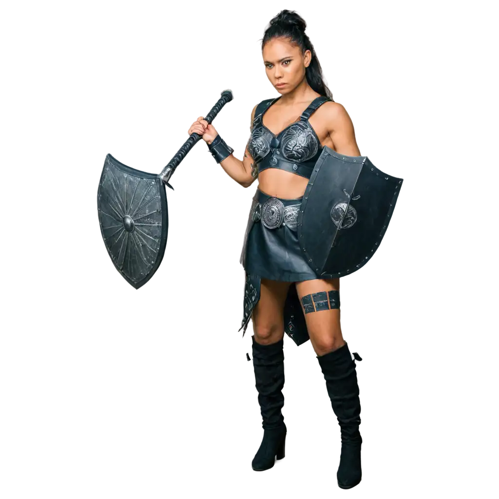 Shot of isolated on grey black woman warrior holding axe and shield dressed in ancient armor.and angry side view and some tattou in face

