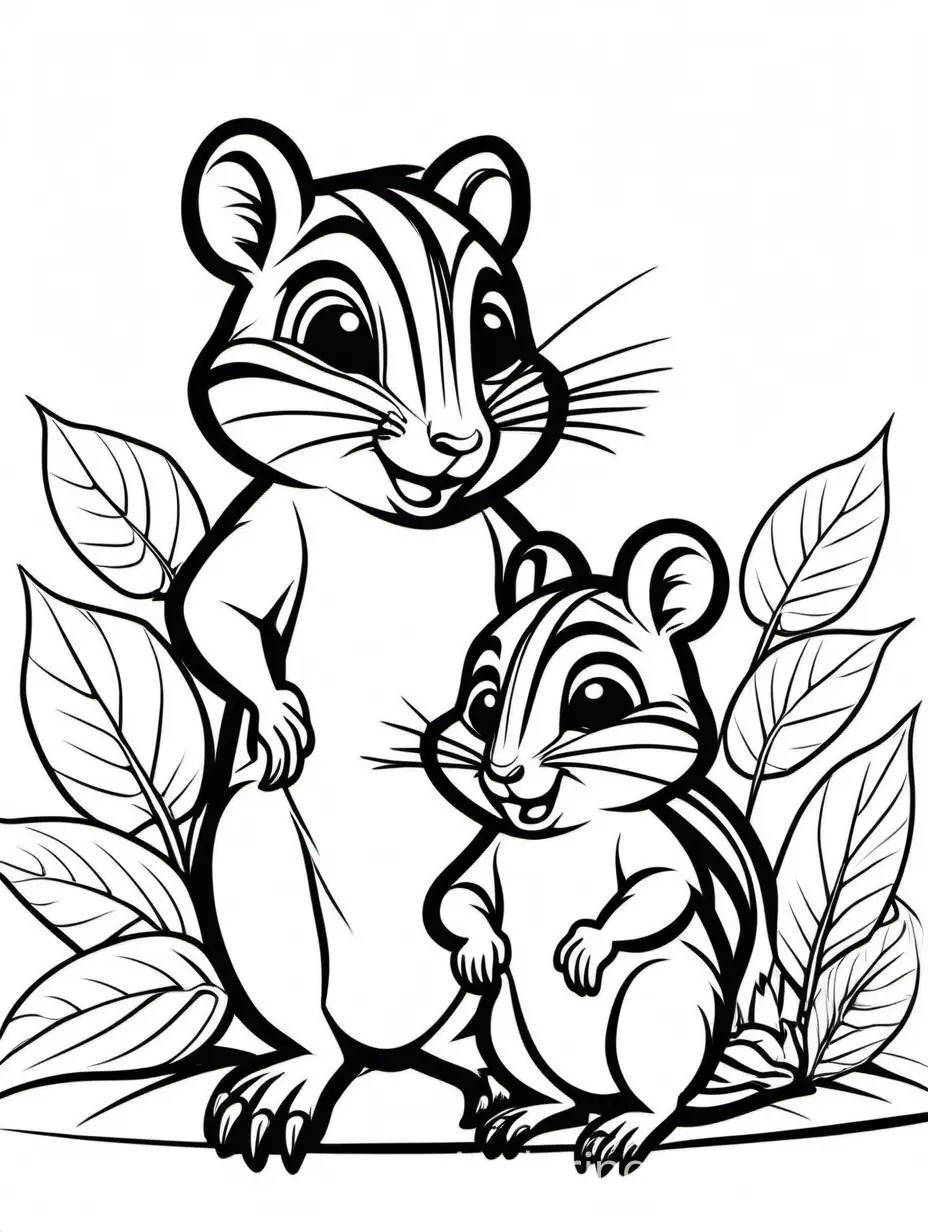 cute Chipmunk Foal and his son for kids, Coloring Page, black and white, line art, white background, Simplicity, Ample White Space. The background of the coloring page is plain white to make it easy for young children to color within the lines. The outlines of all the subjects are easy to distinguish, making it simple for kids to color without too much difficulty
