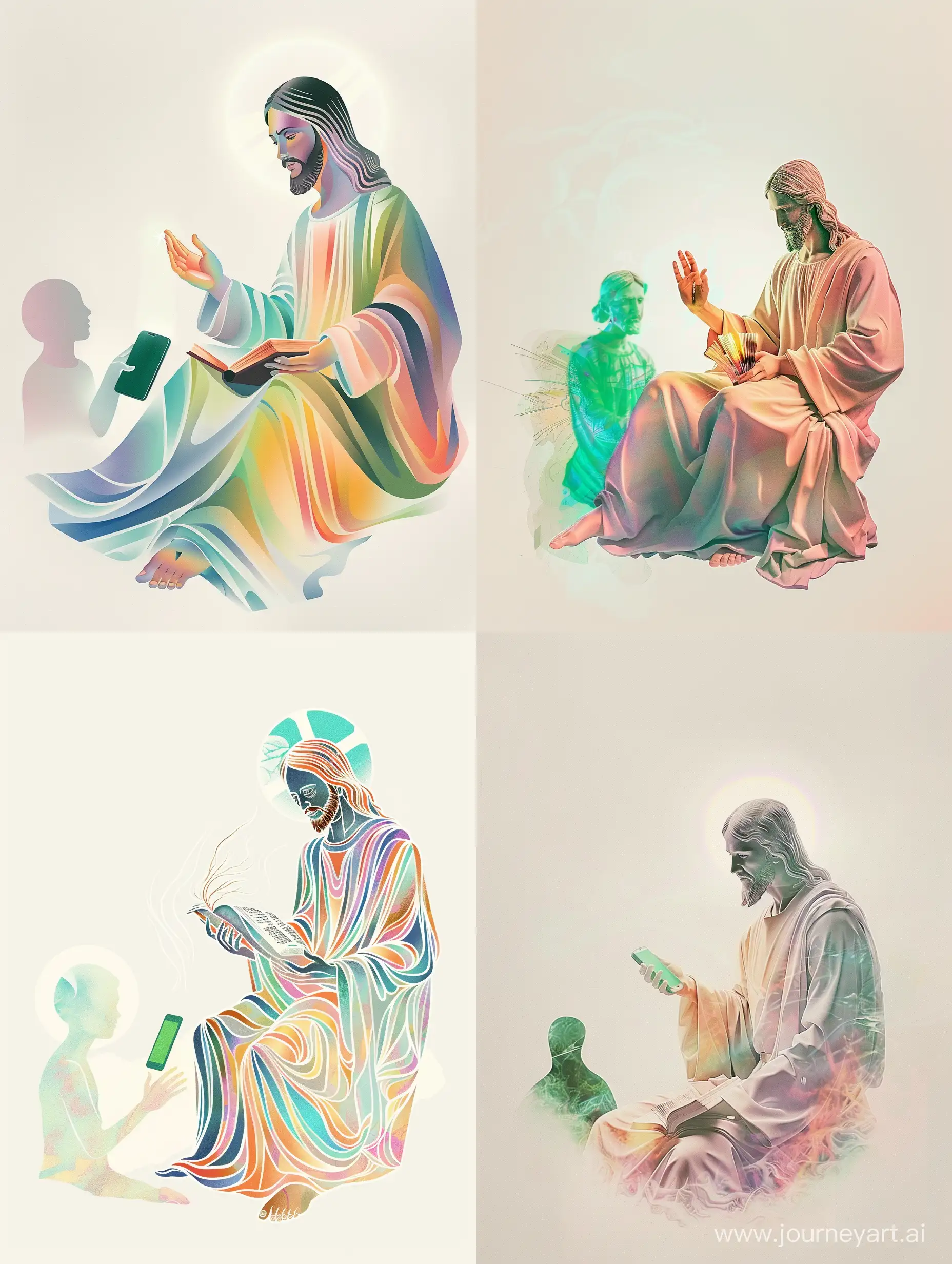 The overall color palette should consist of soft hues with white background and no corners.

Jesus Christ, as the central figure, is placed to the right of the center. Jesus is seated, wearing a simple robe filled with calming colors, with one hand resting on an open book in his lap. The book should be clearly identifiable but subtly incorporated.

His face is gently illuminated, with a soft, warm light creating a subtle halo around his head, giving a sense of divinity. The face should be peaceful and inviting, with a kind gaze directed towards the left side of the image, but still clearly visible and identifiable.

On the left, closer to the edge of the image, is a smaller, abstract figure representing a person. This figure is simple and non-detailed, it could be depicted in mid-motion, reaching out towards the figure of Jesus, indicating a sense of seeking or reaching out for help.

The two figures are separated by a subtle gradient of light, originating from the figure of Jesus, hinting at a transfer of wisdom or healing energy from Jesus to the person. In between them lays a green smartphone.

In essence, the image is a modern, stylized representation of Jesus Christ as a therapist, interacting with a person seeking help, set against a serene, calming background.