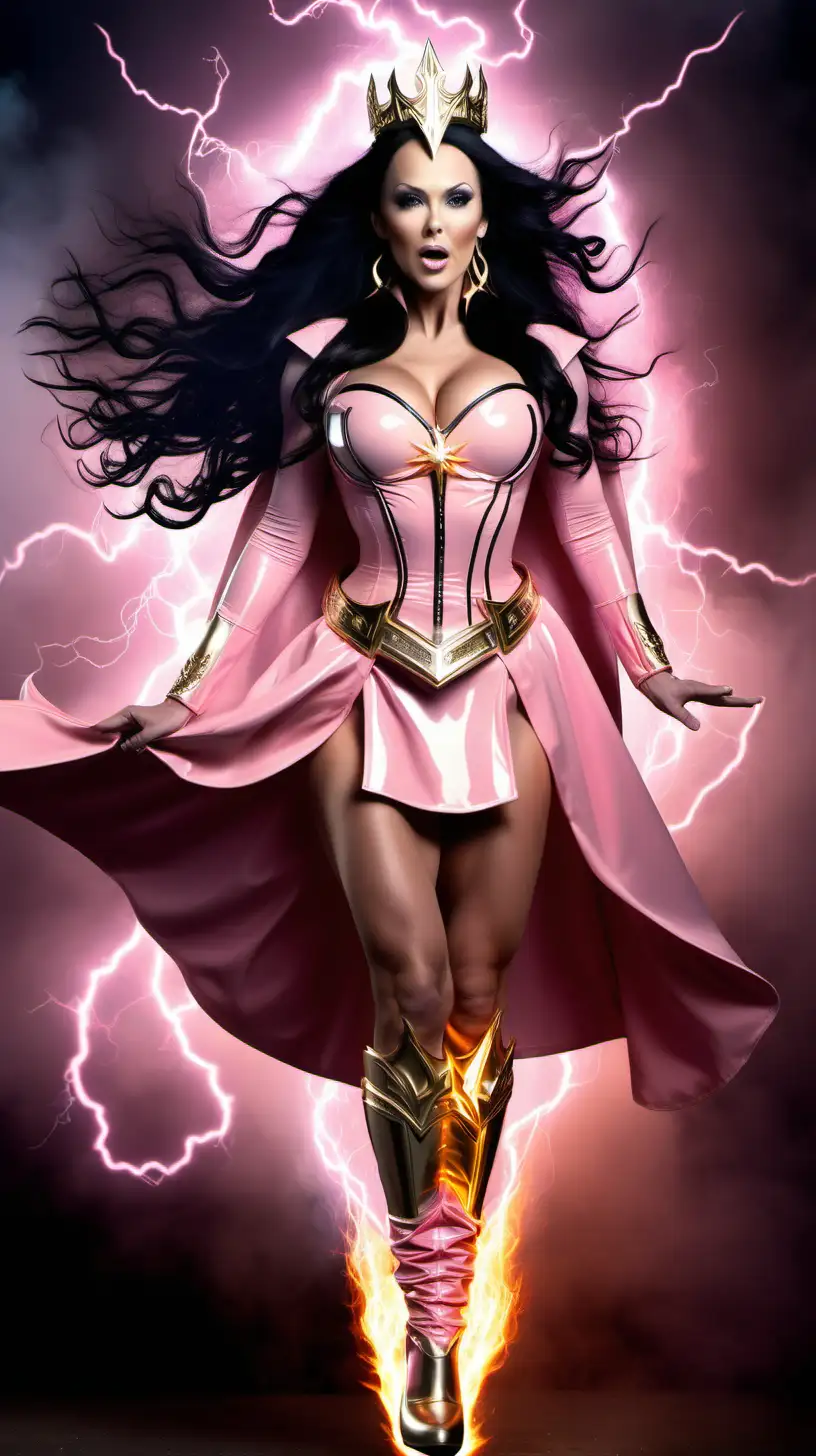 All powerful super being controlling the universe with mystical powers. Thunder lightning electrical with fire and smoke. Levitaring, hovering, flying. very muscular good witch glinda with glossy long black hair, biggest muscles in history, large fake implants. Pink Latex, gold statement belt. realistic and looks like kristina Rihanoff