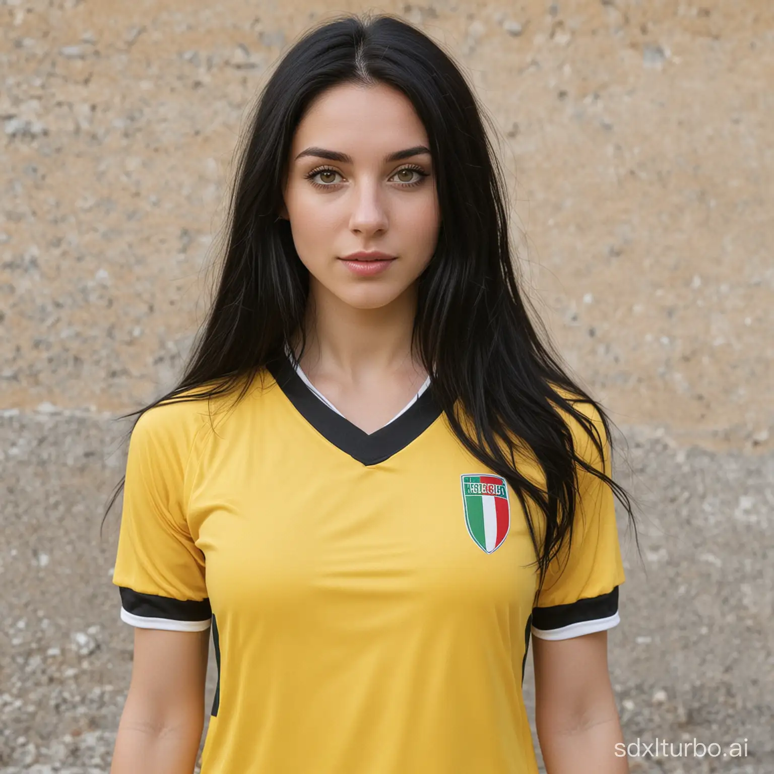 girl long black hair, pale white skin, Italian, yellow soccer shirt