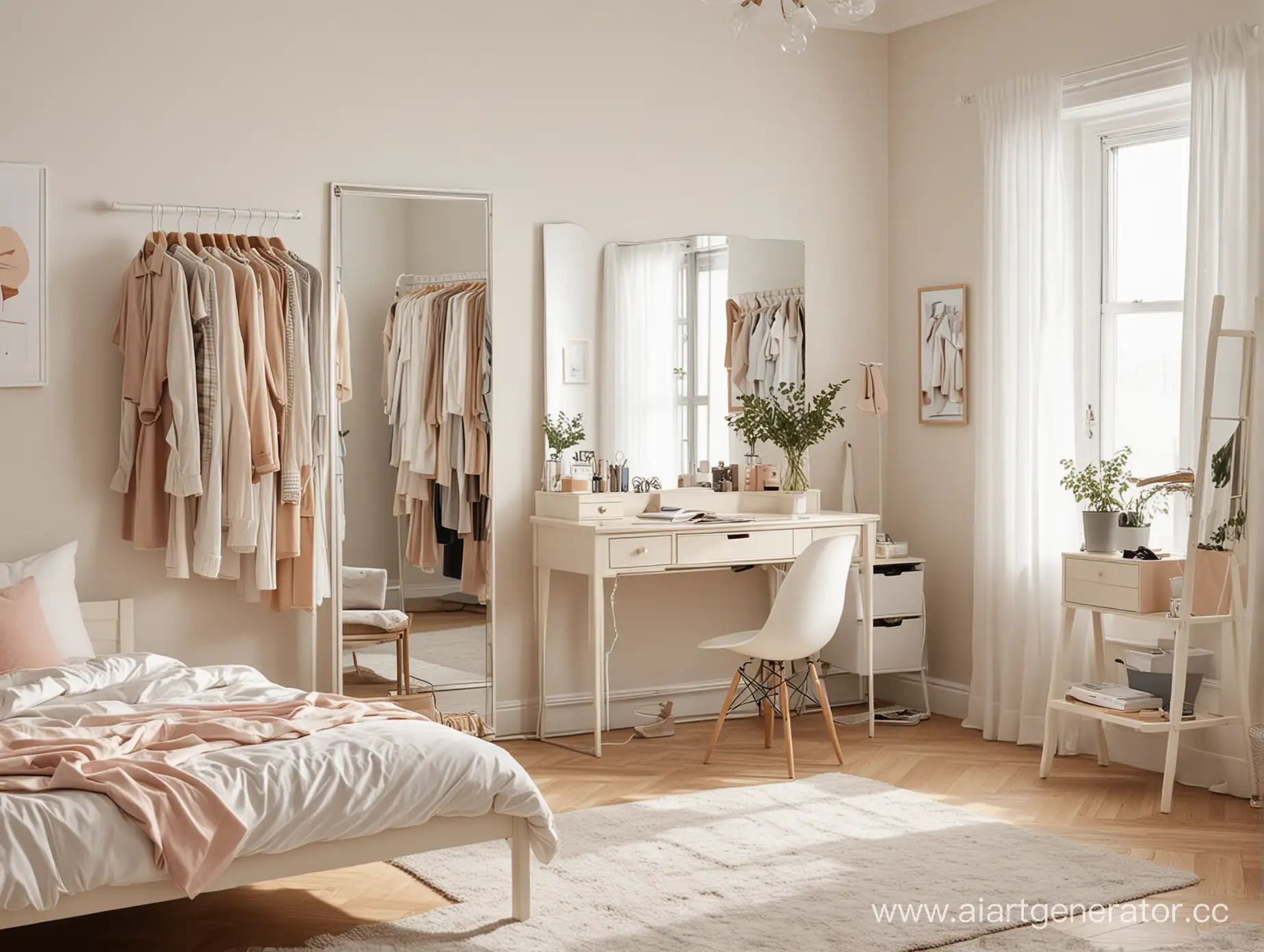 Modern-Teenage-Bedroom-with-Mirror-Clothes-Rack-and-Desk