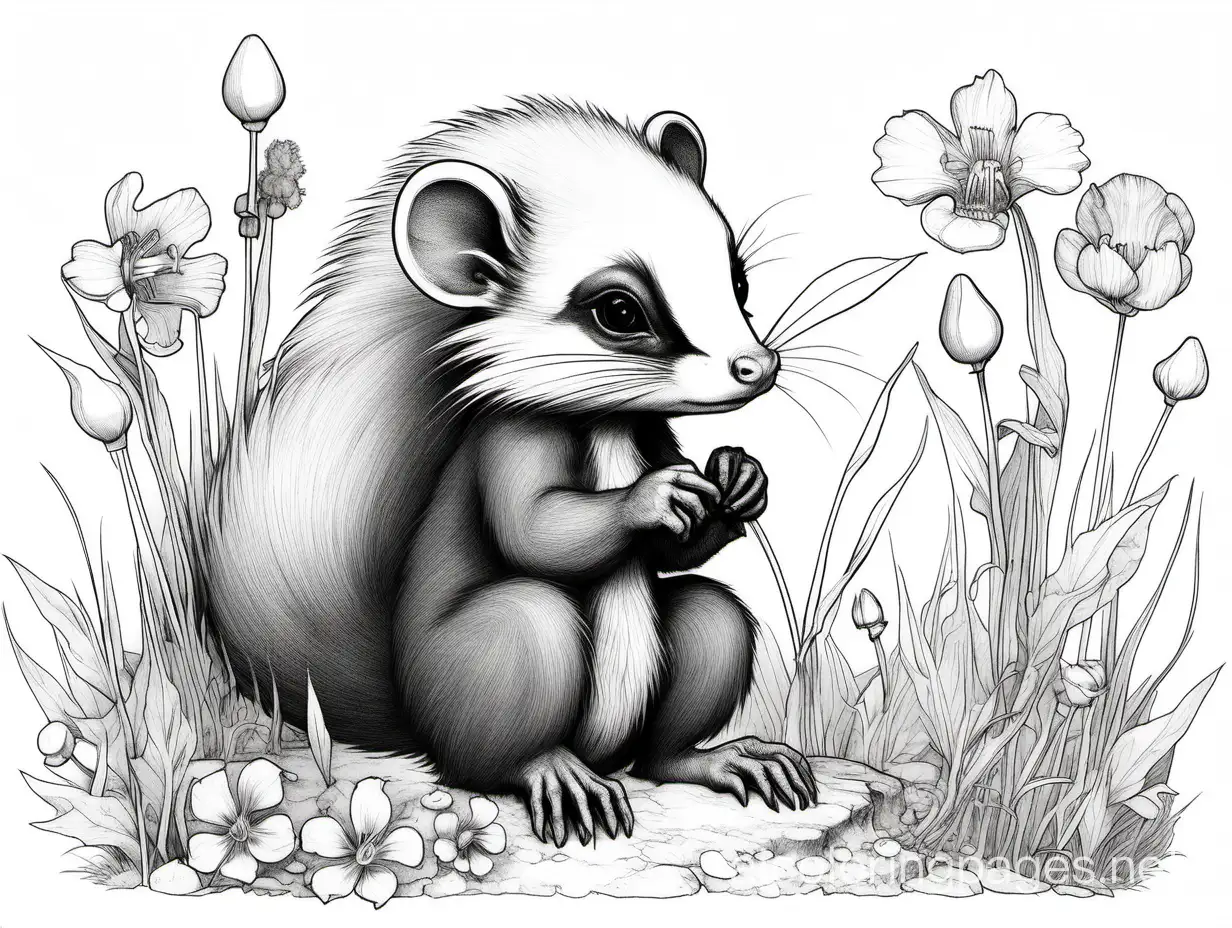 Spring-Flowers-Coloring-Page-with-Cute-Skunk-High-Detail-Black-and-White-Line-Art