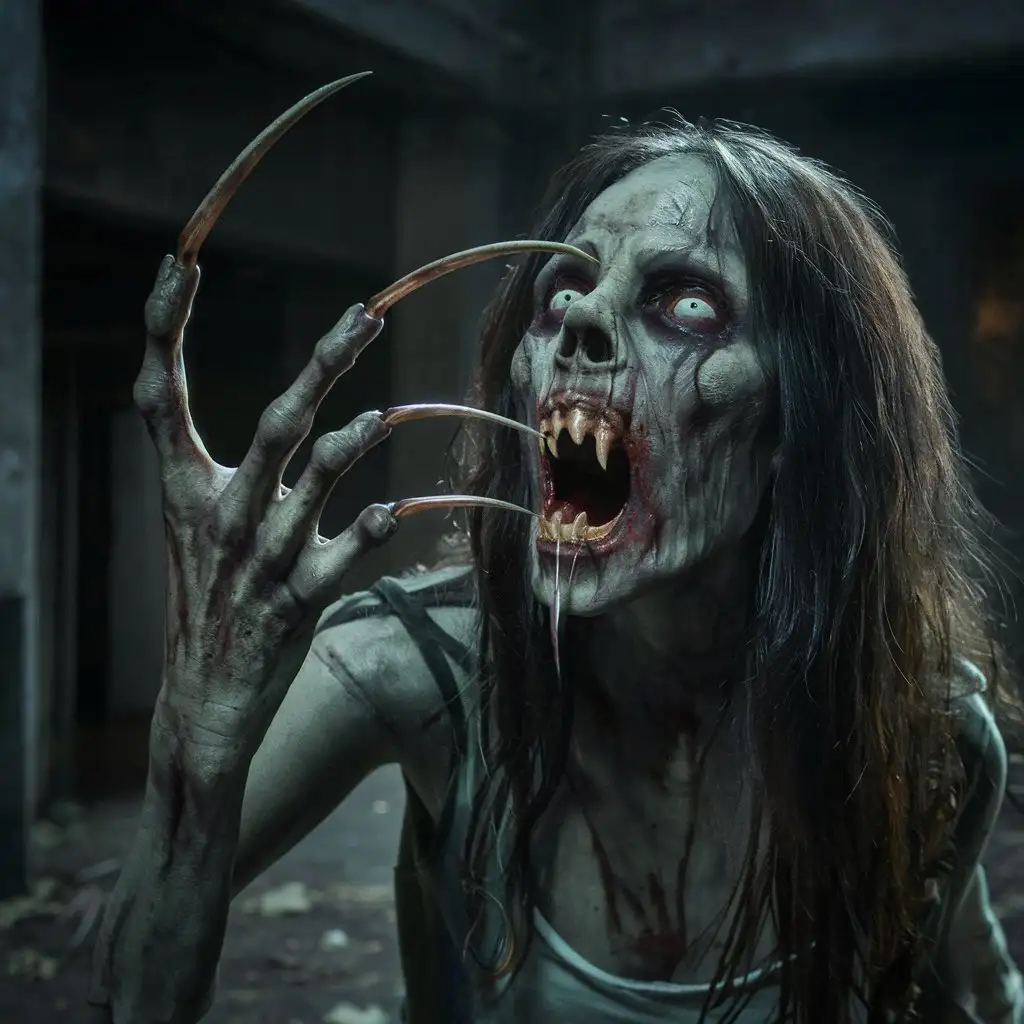 a photorealistic and horrifying nightmare scene of a zombie female with long curved pointed dirty nails like predator claws protruding from each of the five detailed and realistic human fingers The zombie's menacingly open mouth reveals pointed teeth resembling fangs under atmospheric lighting in a full anatomical depiction, set in a night-time she holding setting that is very clear without flaws. the scene takes place abandoned building,