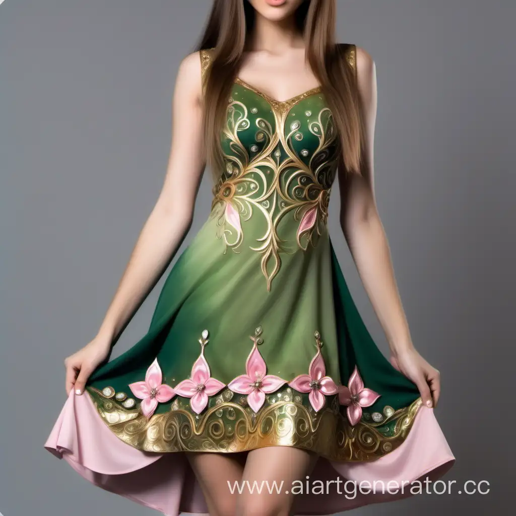 Elvish-Style-Short-Dress-with-Flowing-Green-Pink-and-Gold-Fabric