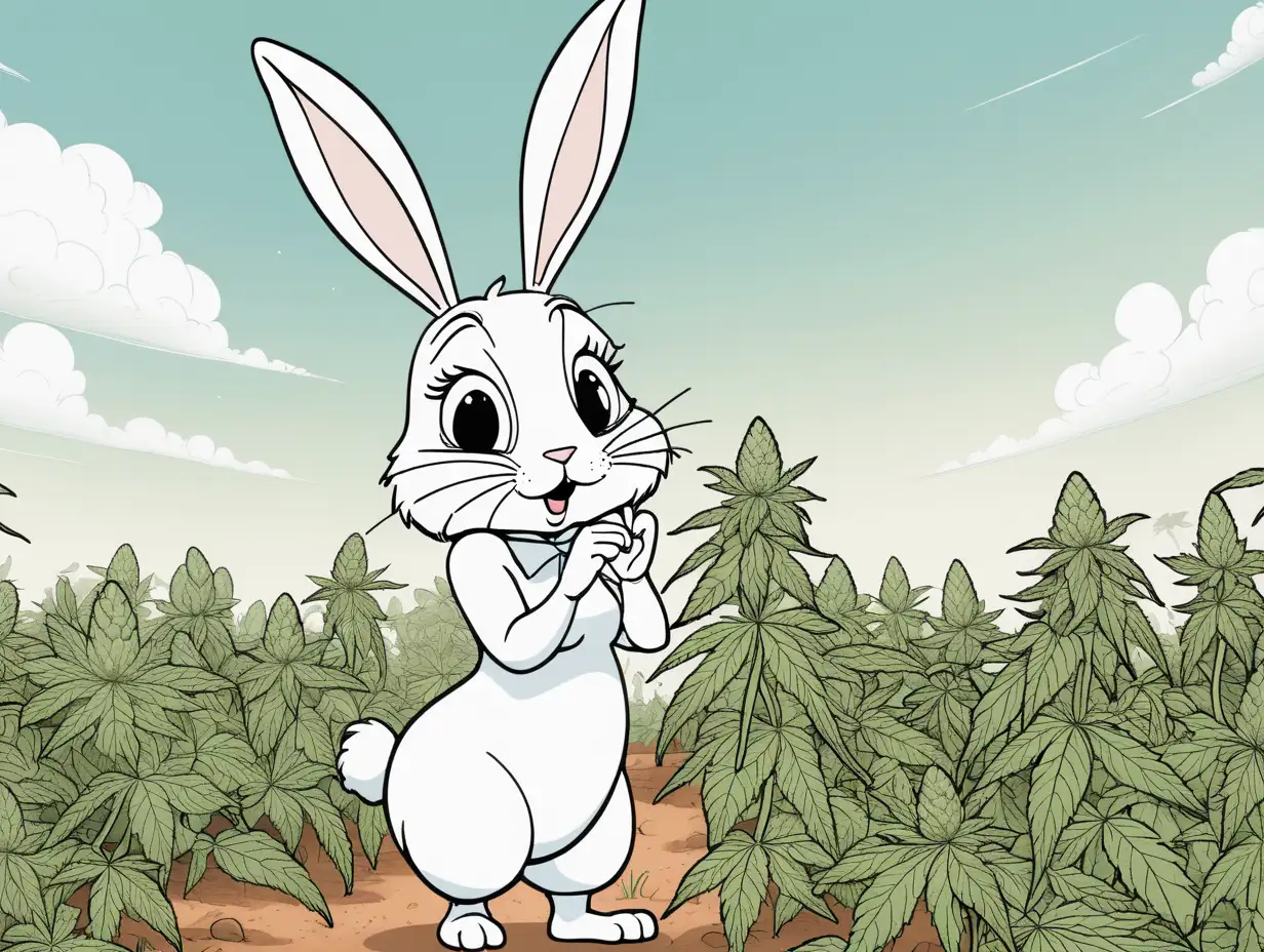 Cartoon female bunny standing in a field of cannabis with a blank, white sky behind them






