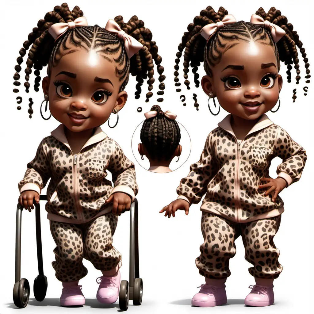 African american toddler 
girl named Stori Nova in a walker wearing leopard print pajamas hair styled in box braids detailed character sheet, multiple poses an expressions isolated white background hayper detaild fine details