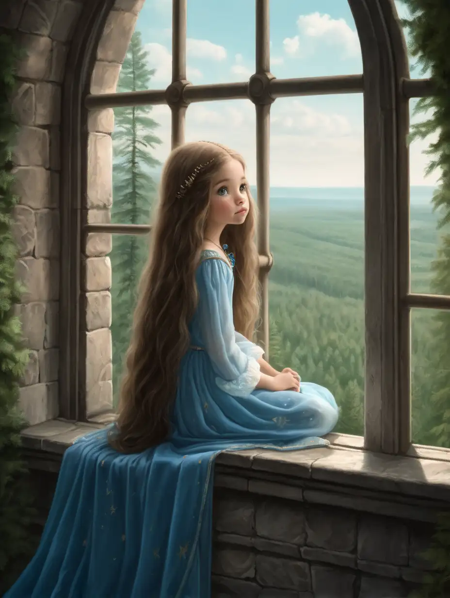 Cute young girl with very long blend hair sitting on a window of a high tower into the woods, princess