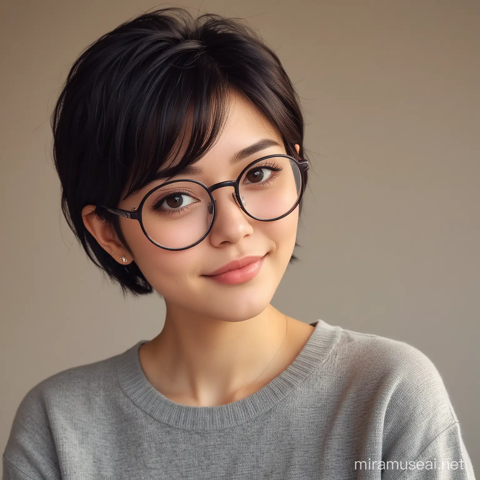 Adorable Woman with Glasses in Oversized Attire and Kind Expression
