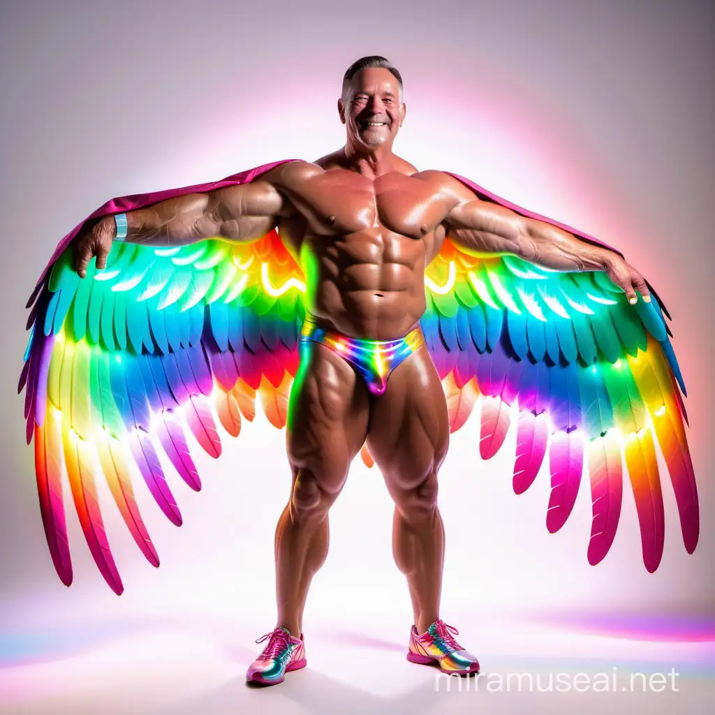 Full Body to feet Topless 40s Ultra Chunky Bodybuilder Daddy with Great Smile wearing Multi-Highlighter Bright Rainbow with white Coloured See Through Huge Eagle Wings Shoulder Jacket led lights Short shorts left arm up Flexing