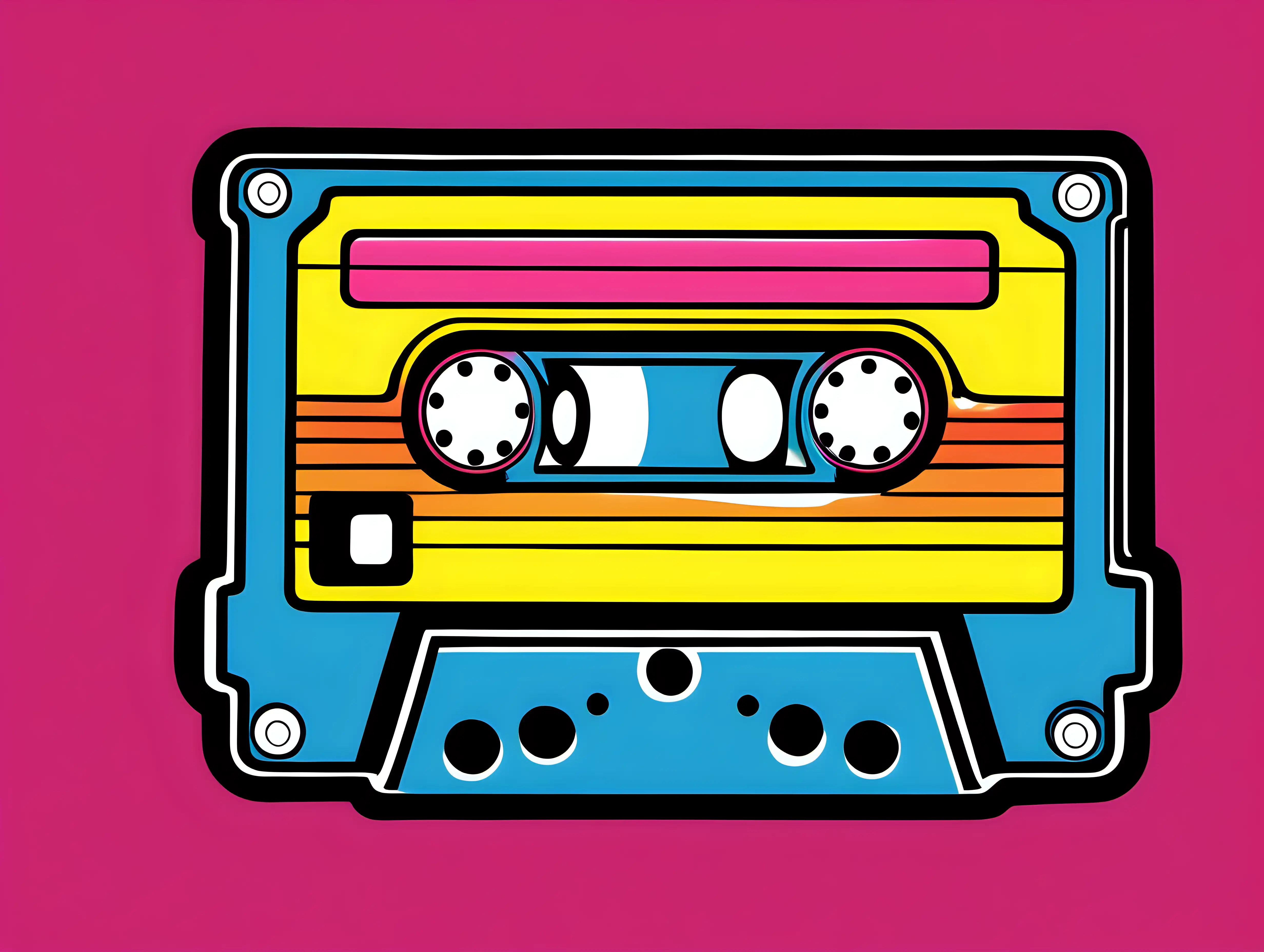 company logo using a 1980's cassette tape with vibrant color in the shape of a sticker, like a cartoon, in the style of Peter Max, relaxing, no background