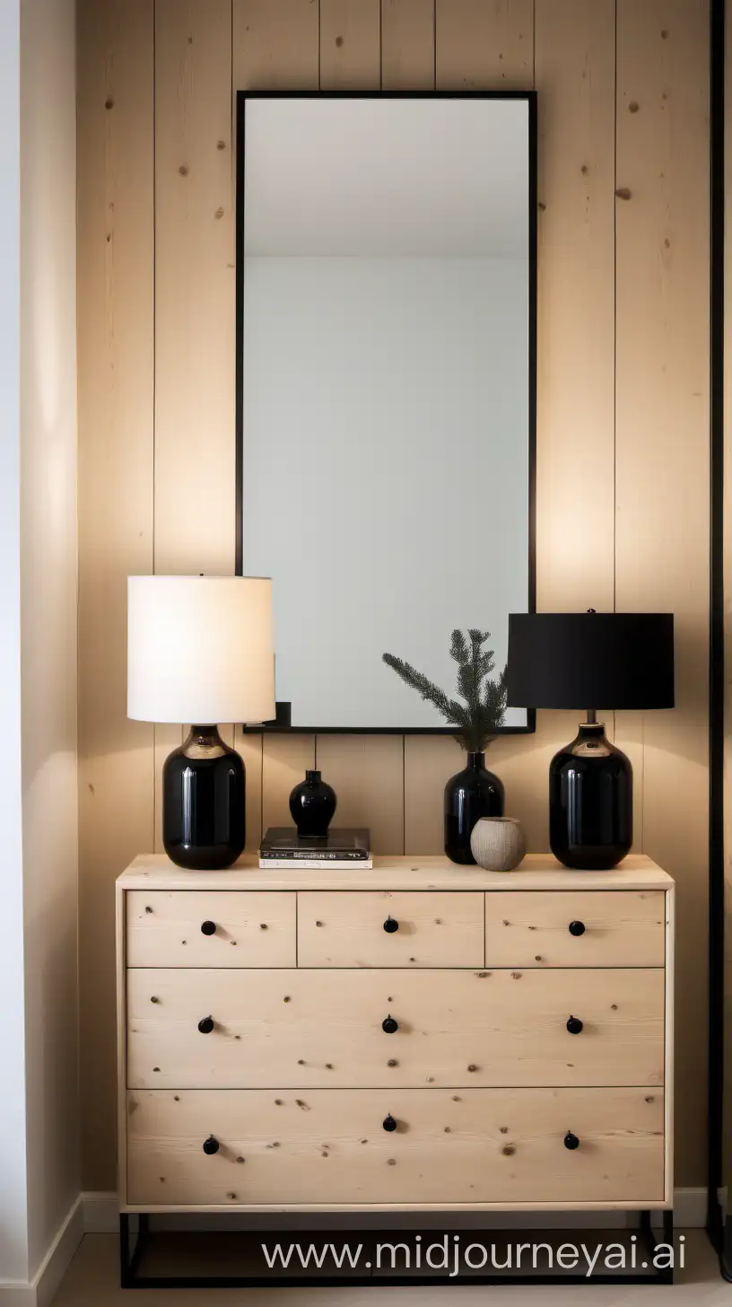 A light pine wood wall, with a light wood chest of drawers, and a single black framed large black frames mirror on the wall, and 2 modern minimalistic black lamps symmetrically on 2 sides on top of the chest of drawers