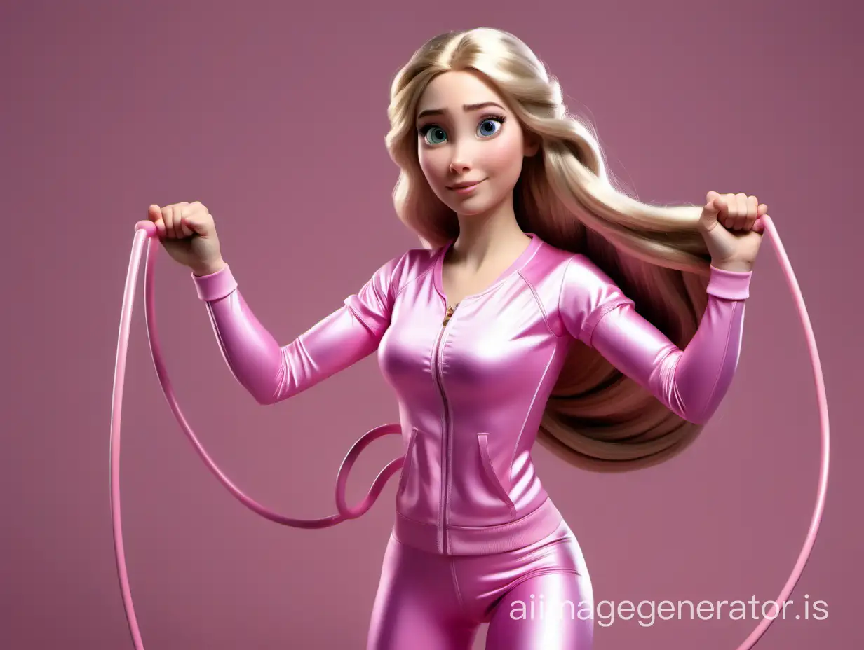 Realistic-Disney-Princess-Rapunzel-in-Pink-Sports-Suit-with-Jump-Rope