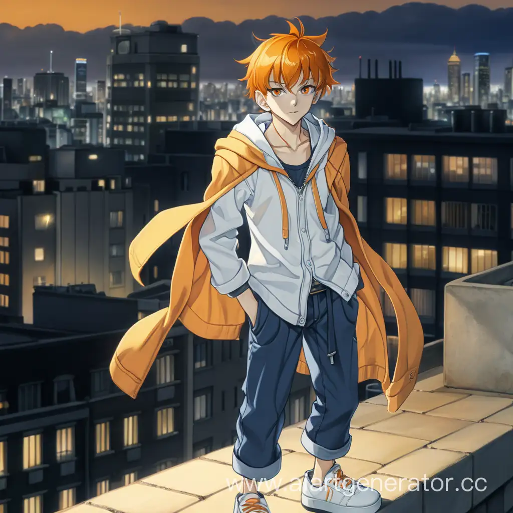 anime of a fourteen-year-old boy who stands on the roof of a multi-story building in the city at night. with orange hair and orange eyes. He is wearing a white shirt, yellow cardigan, blue trousers and white sneakers. He has small black horns and multiple scars on his arms and wrists.