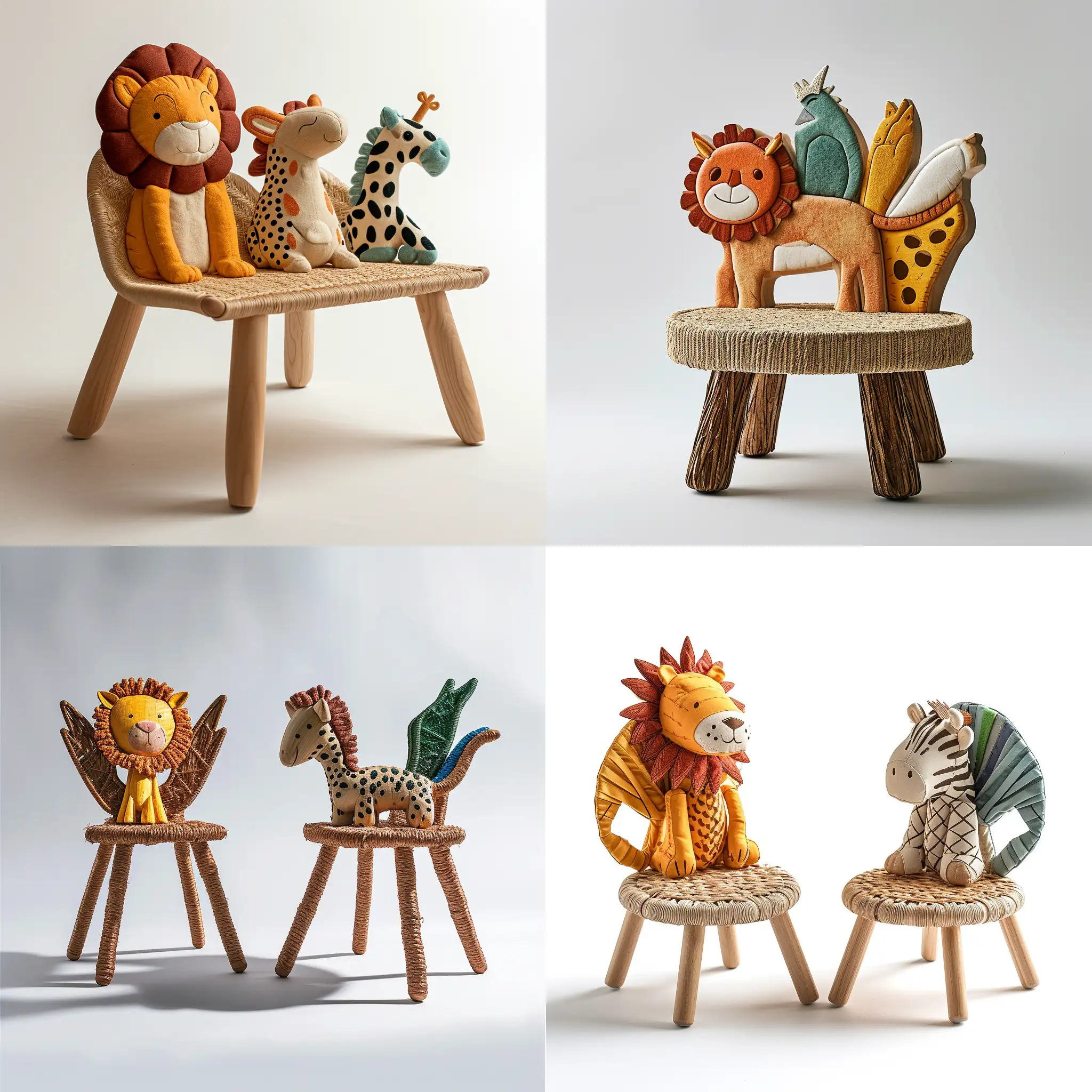 imagine prompt: an image of a  minimal structure and design sturdy children’s chair which can be assembled and disassembled and inspired by Children's drawing of cute safari animals like cute lion or zebra or griffin or cheetah or hippocampus , with backrests shaped like different creatures. Use recycled wood for the frame and woven plant fibers for seating areas, depicted in colors representative of the chosen animals. The seat should stand approximately 30cm tall, built to educate about wildlife and ensure durability.4k ,realistic style