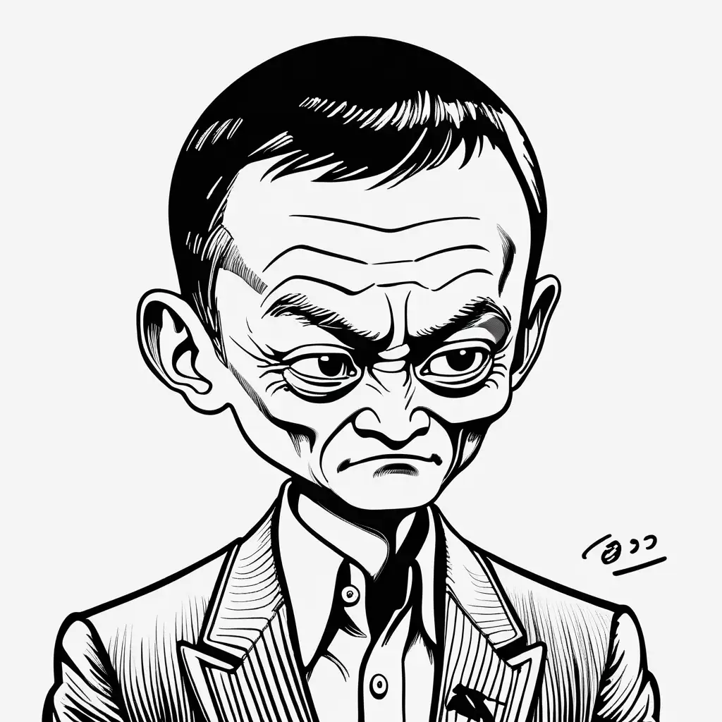 Jack Ma Cartoon with Grumpy Expression on White Background