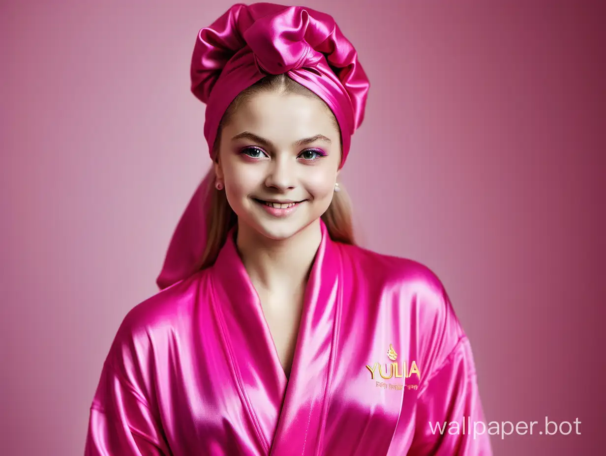 Yulia Lipnitskaya with long straight silky hair Smiling in Pink Fuchsia Silk Robe with Pink Silk TowelTurban