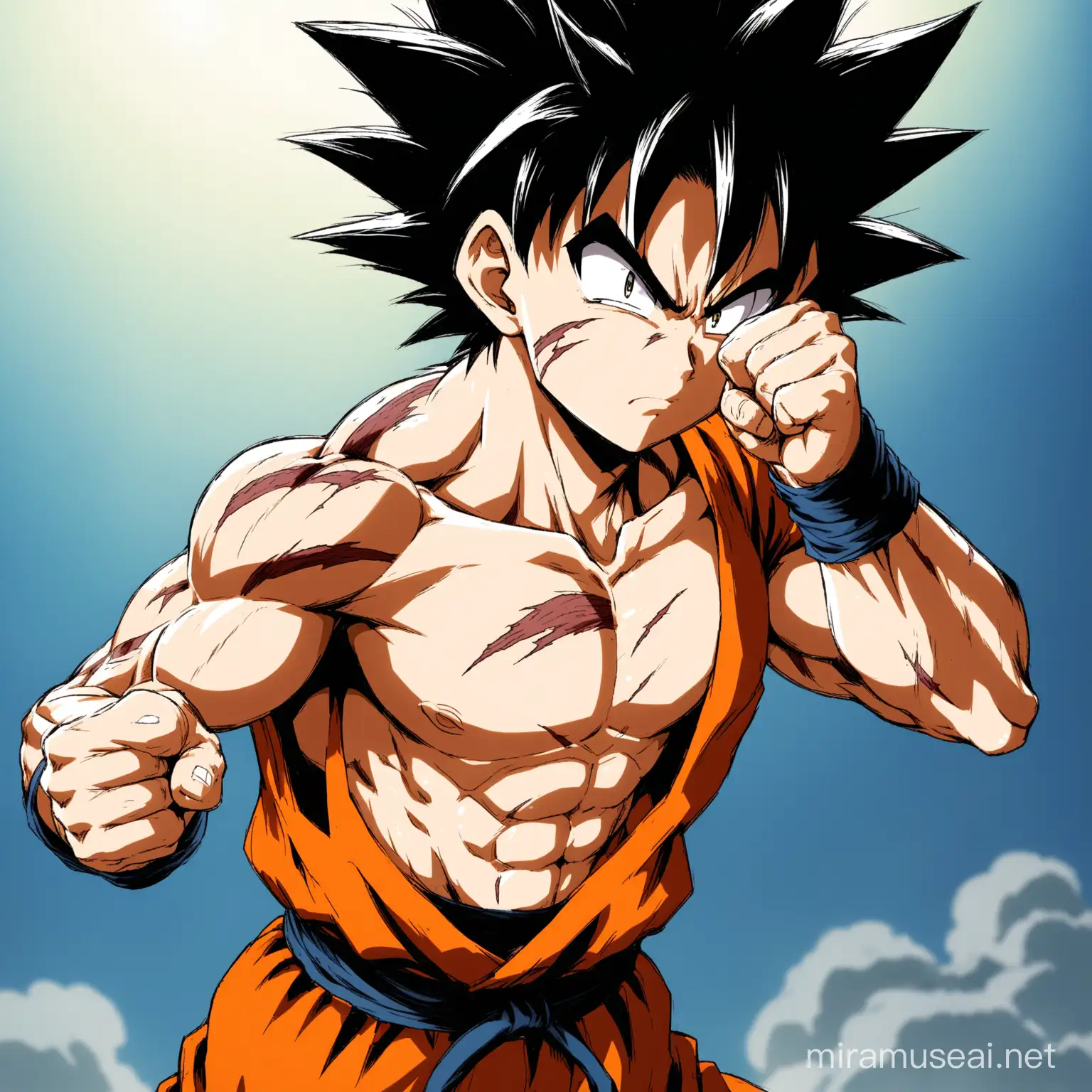Dbz character goku tired with not pupils in his eyes and his one hand raising high with fist closed but rest of the body filled with scars and loose