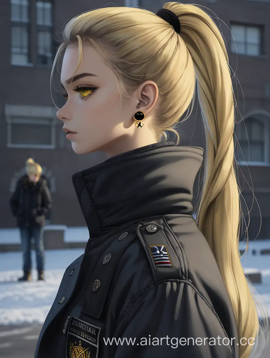 man; 192 cm; athletic frame; long blond hair tiede into ponytail; yellow eyes; black earrings; dark pullover; black jeans; military boots; dark grey coat