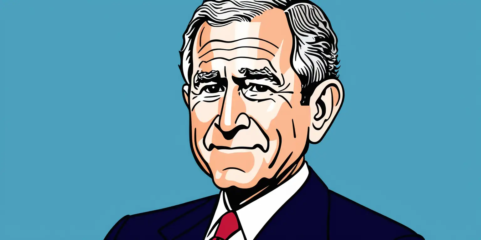 Cartoon Portrait of George W Bush on a Vibrant Background