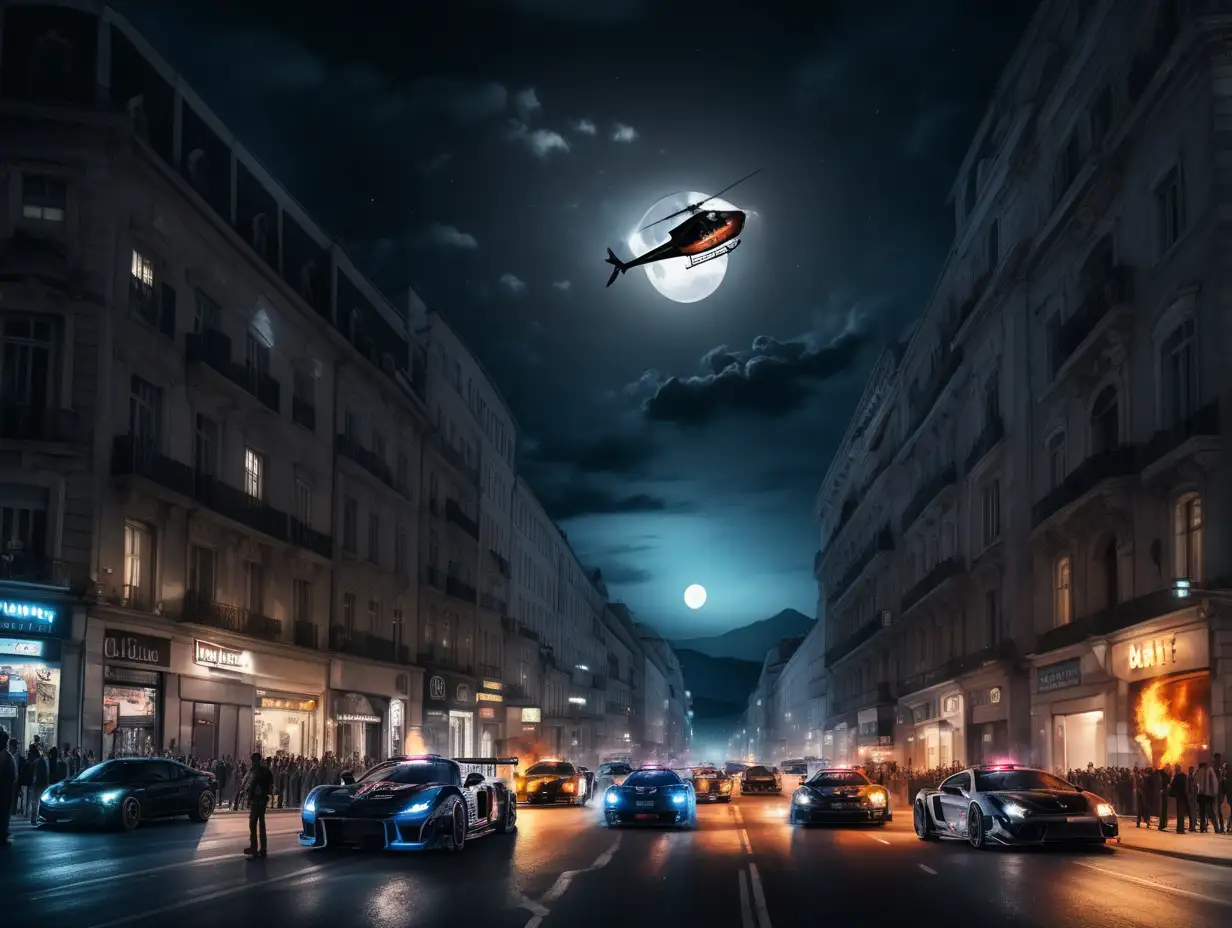 front view on night street with high dark building with fire from windows, lot of peoples on both sides of the street, illegal car race on street, 6 cars drifting, flying black helicopter, moon on the sky