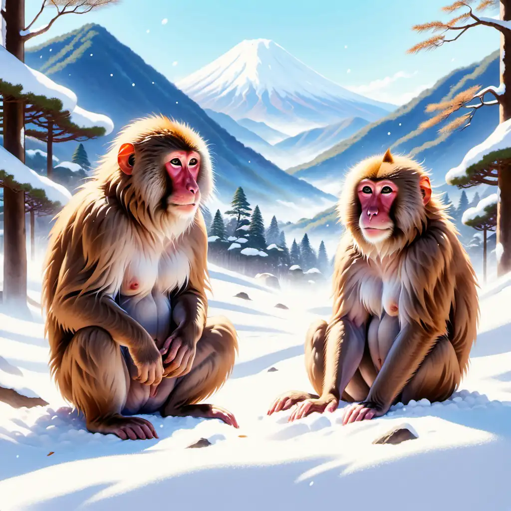 Japanese Snow Monkeys in Mountain Forest Illustration