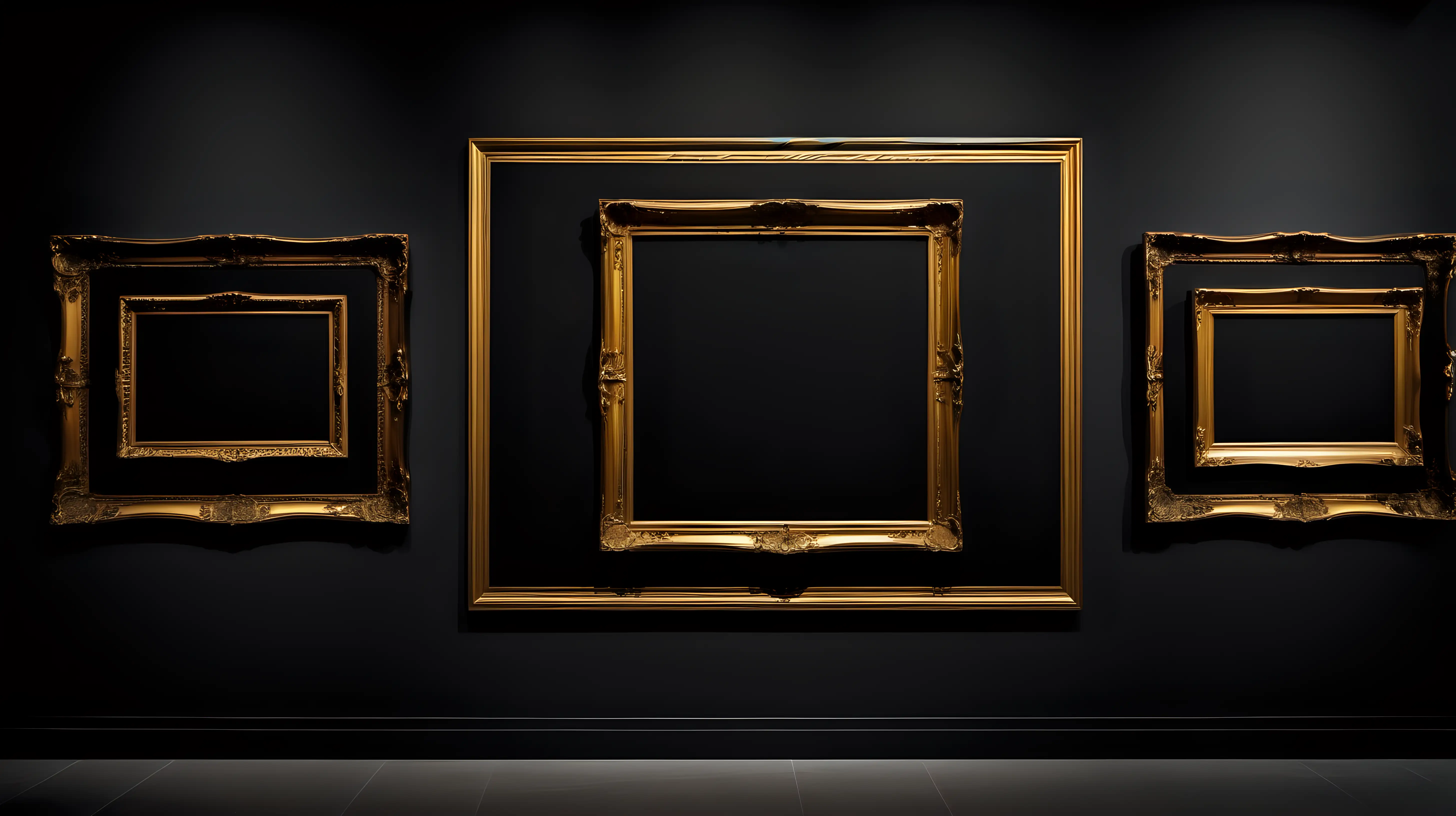 Dark Art Museum Wall with Three Solid Black Paintings in Gold Frames
