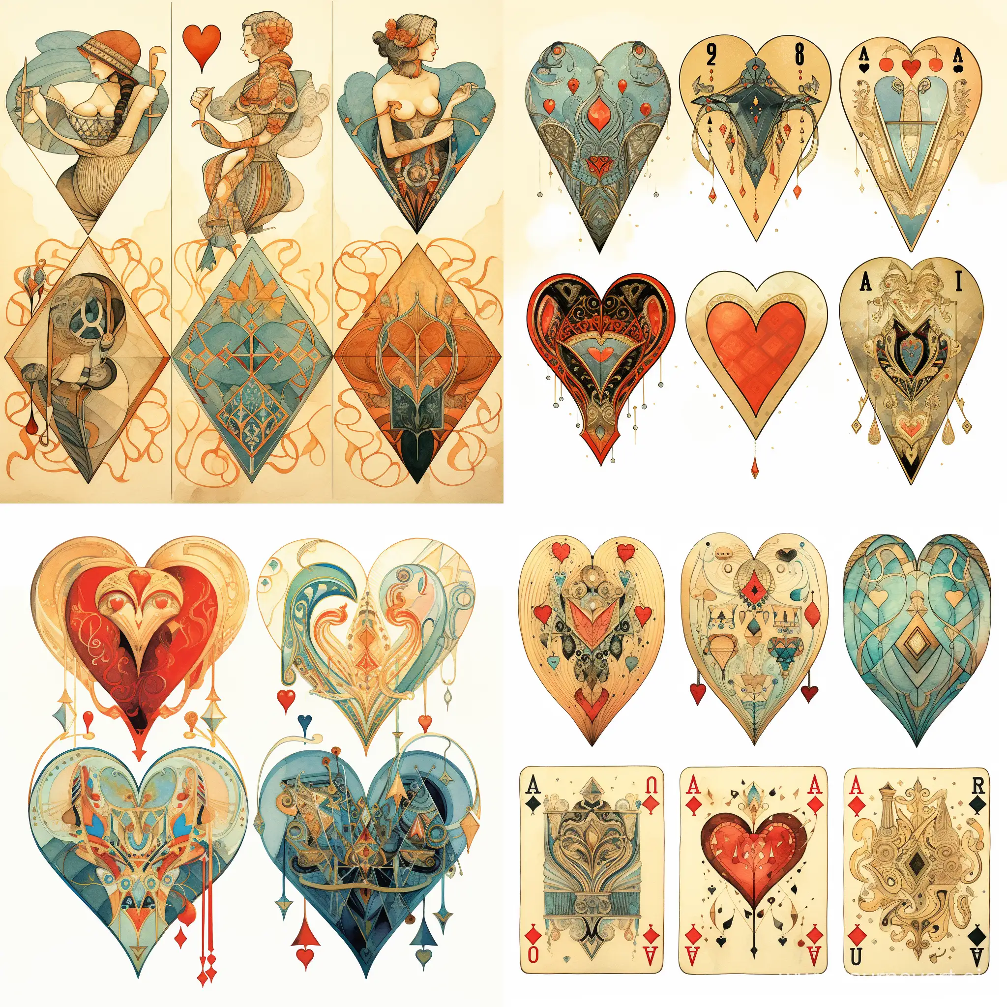 Four variations: hearts, diamonds, clubs, spades, Ancient Egypt, illustration, stylized caricature, Victo Ngai, watercolor, decorative, flat drawing