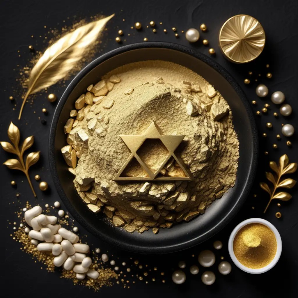 Create a visually stunning image that features the raw ingredient: Magnesium L-Threonate. Incorporate dark tones and gold alchemical highlights


