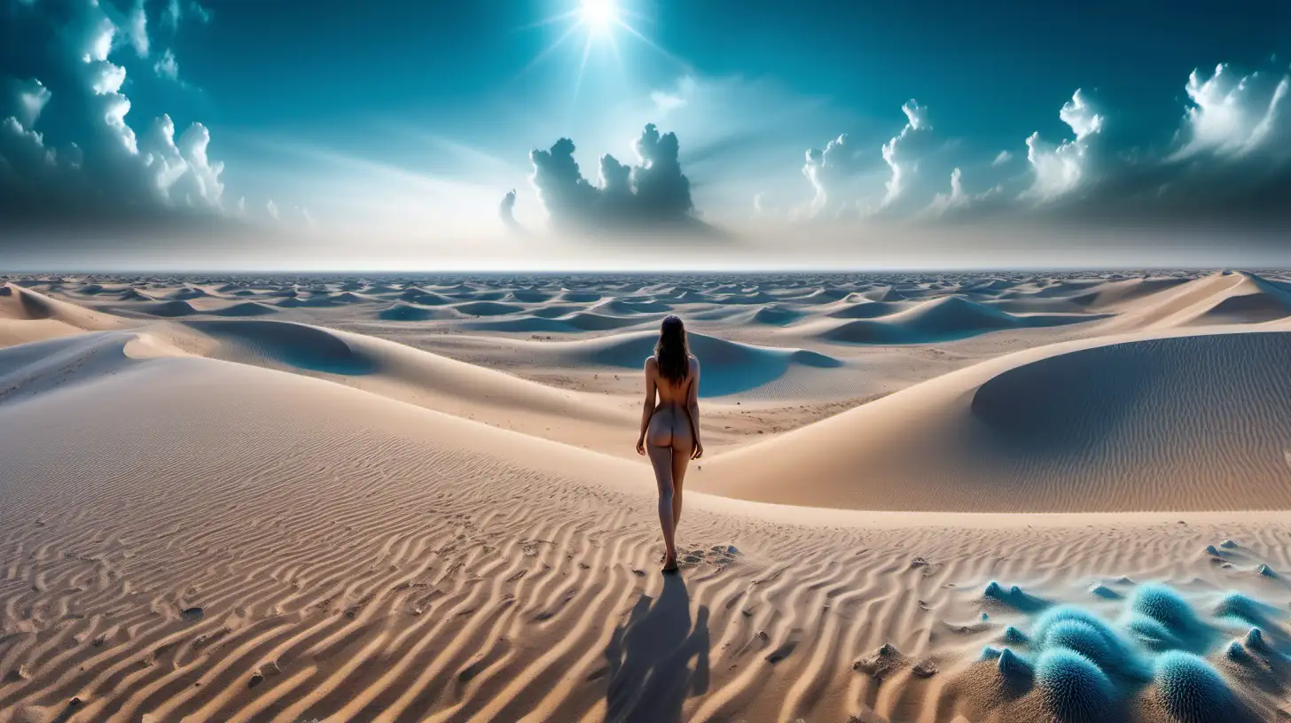 Psychedelic vast landscape, crystalline bluish mineral clouds, with nude woman center, Dubai dunes, large wavy desert dunes, massive crystalline mushrooms on both sides, and water on the ground, photographic, real