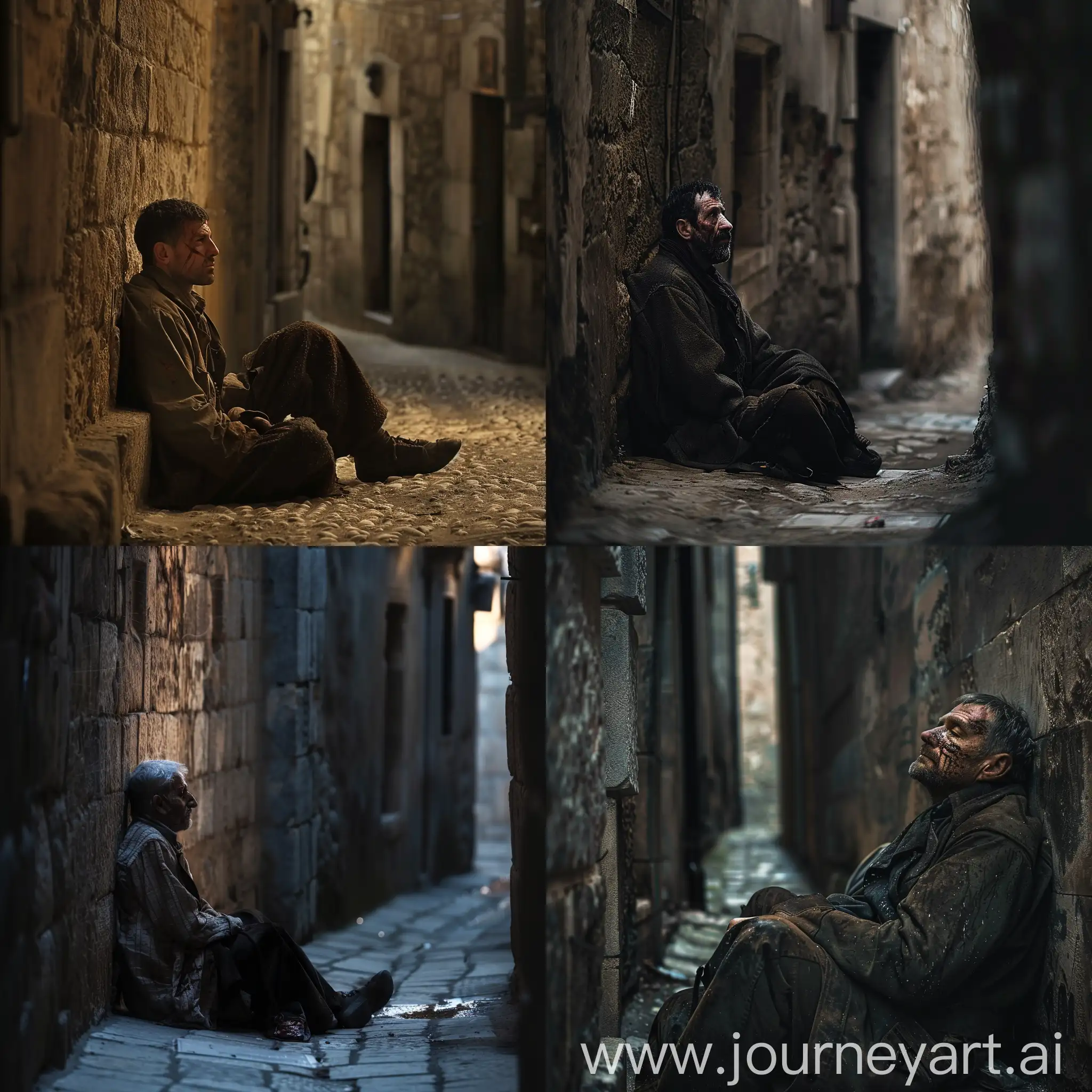 wounded man in sitting next to a wall in medieval dark alley