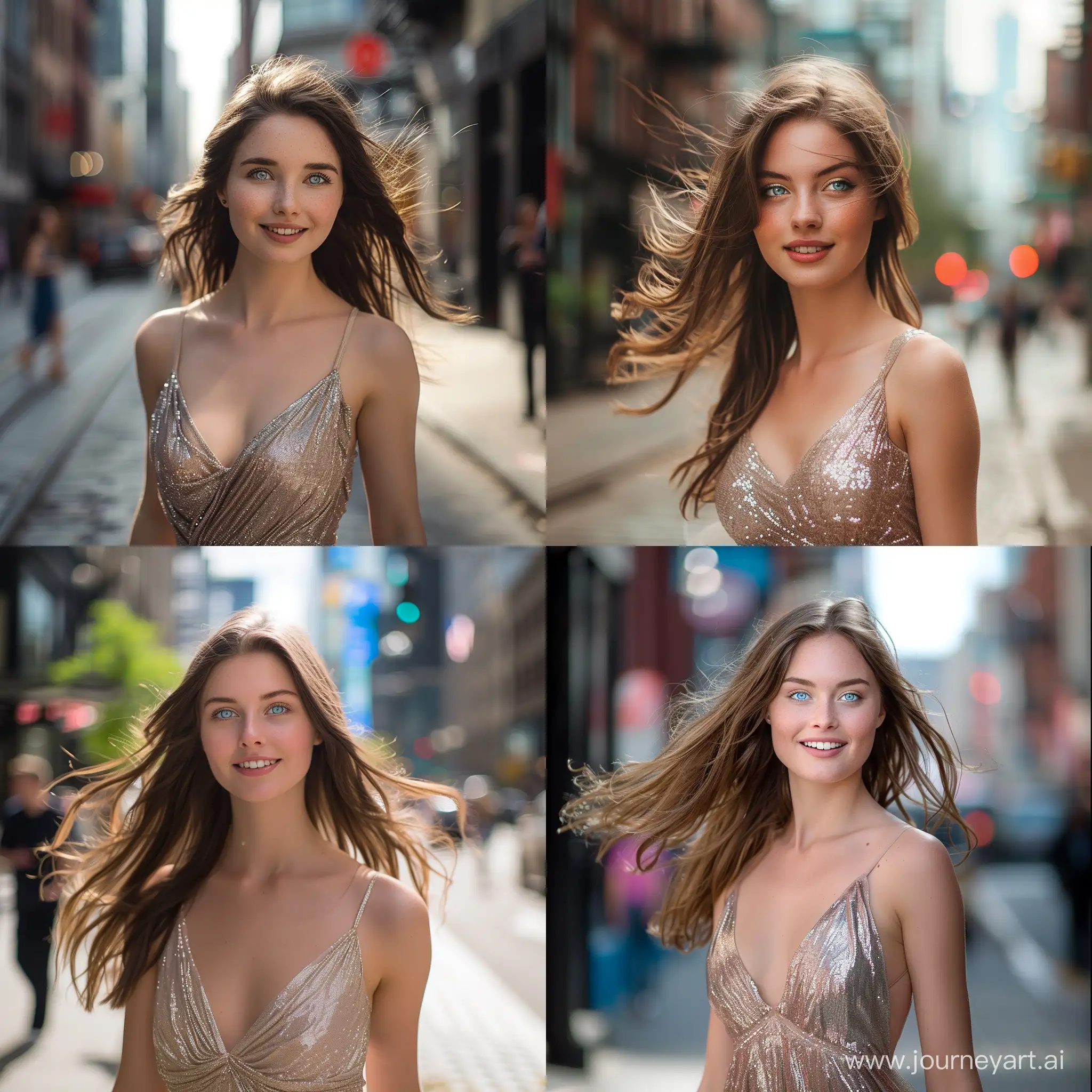 A captivating young woman with flowing hair and piercing blue eyes confidently walks down a downtown street. She wears a shimmering dress, her warm smile and sparkling eyes drawing the attention of passersby. Surrounded by a vibrant urban backdrop, she exudes an ethereal presence, leaving onlookers mesmerized. This cinematic street photograph captures her captivating beauty and alluring aura.