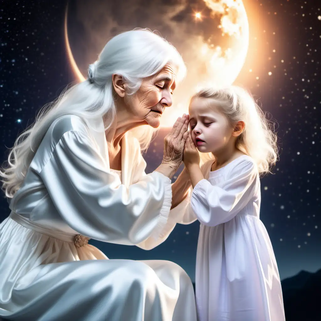 white haired grandmother in a long white following gown reaching down to wipe the tears in the eyes of a little girl who is sad. a bright celestial background