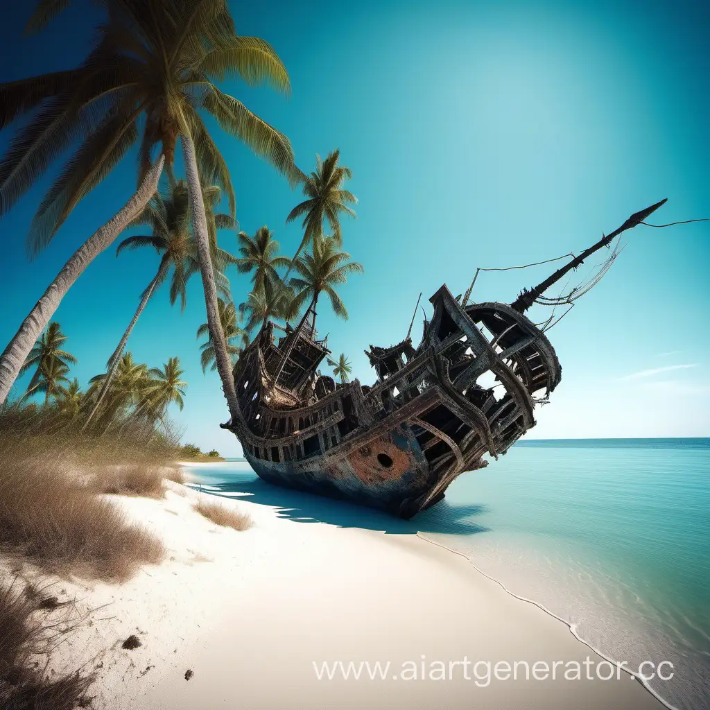 небольшой необитаемый тропический остров, на нем растет много пальм, красивое голубое море и белый песок, безоблачное небо, около берега лежат обломки пиратского корабля