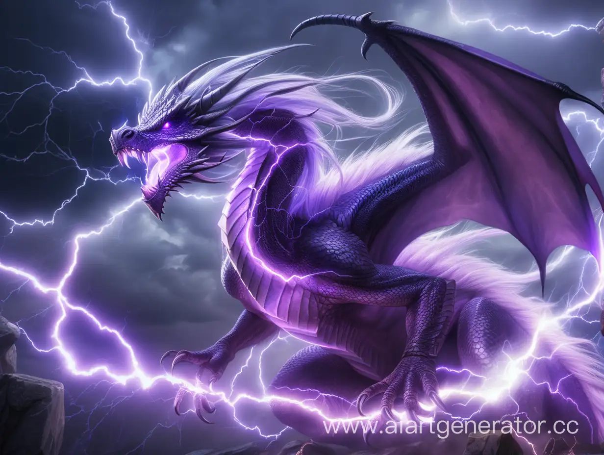 Тёмный с фиолетовым свечением дракон, самка, красивый, с седой бородой, с длинными фиолетовыми волосами, атакует электрической молнией