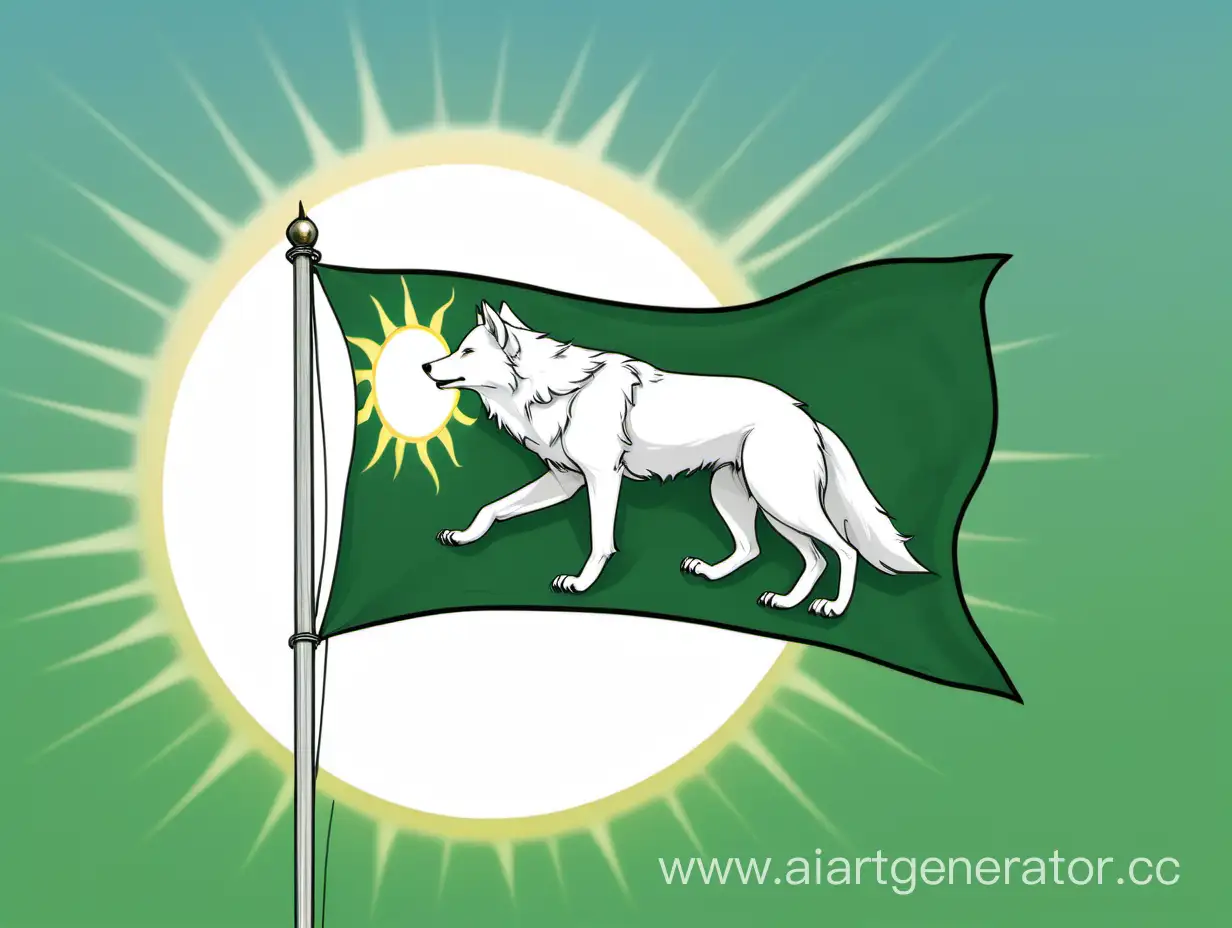 White-Wolf-Gazing-at-the-Sun-on-a-Green-Flag