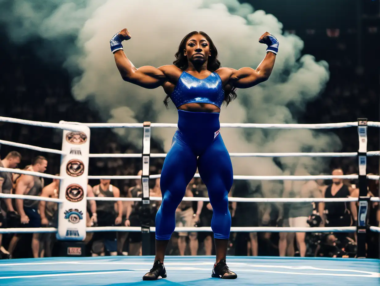 Extremely muscular Simone Biles wearing a blue sleeveless mma outfit standing in a ring in a smoke filled crowded arena flexing her biceps and scowling