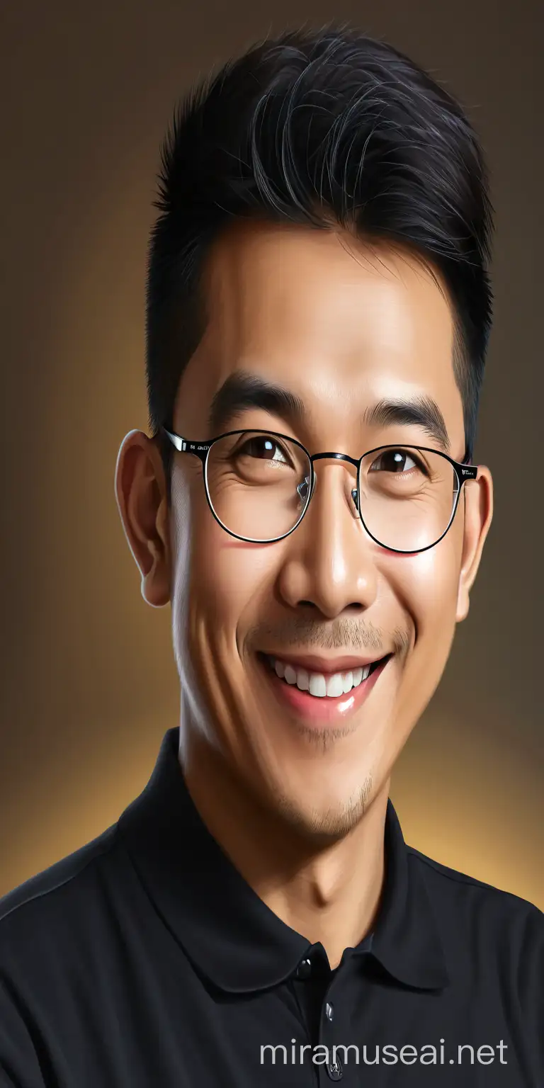 A caricature of an indonesian man wearing black t-shirt, glasses, thin short hair, Front view smiling pose