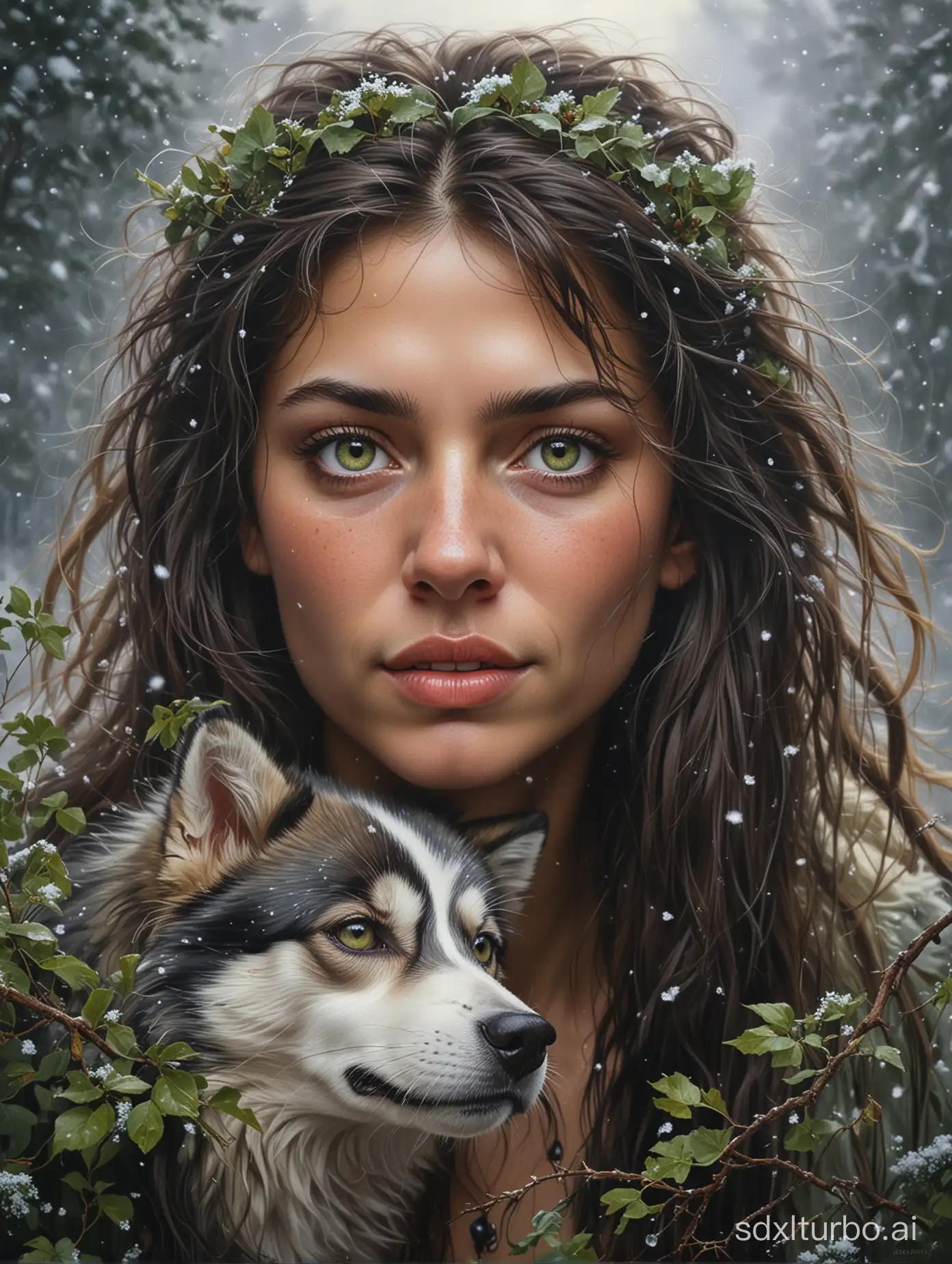 by Midjourney prompt :
Hyper-realistic oil painting of a wild feral woman with green hazel eyes, hair of brambles, in tune with nature, battling a blizzard with her Siberian Husky dogs, seeking shelter in the high Andes, beautifully back lit.