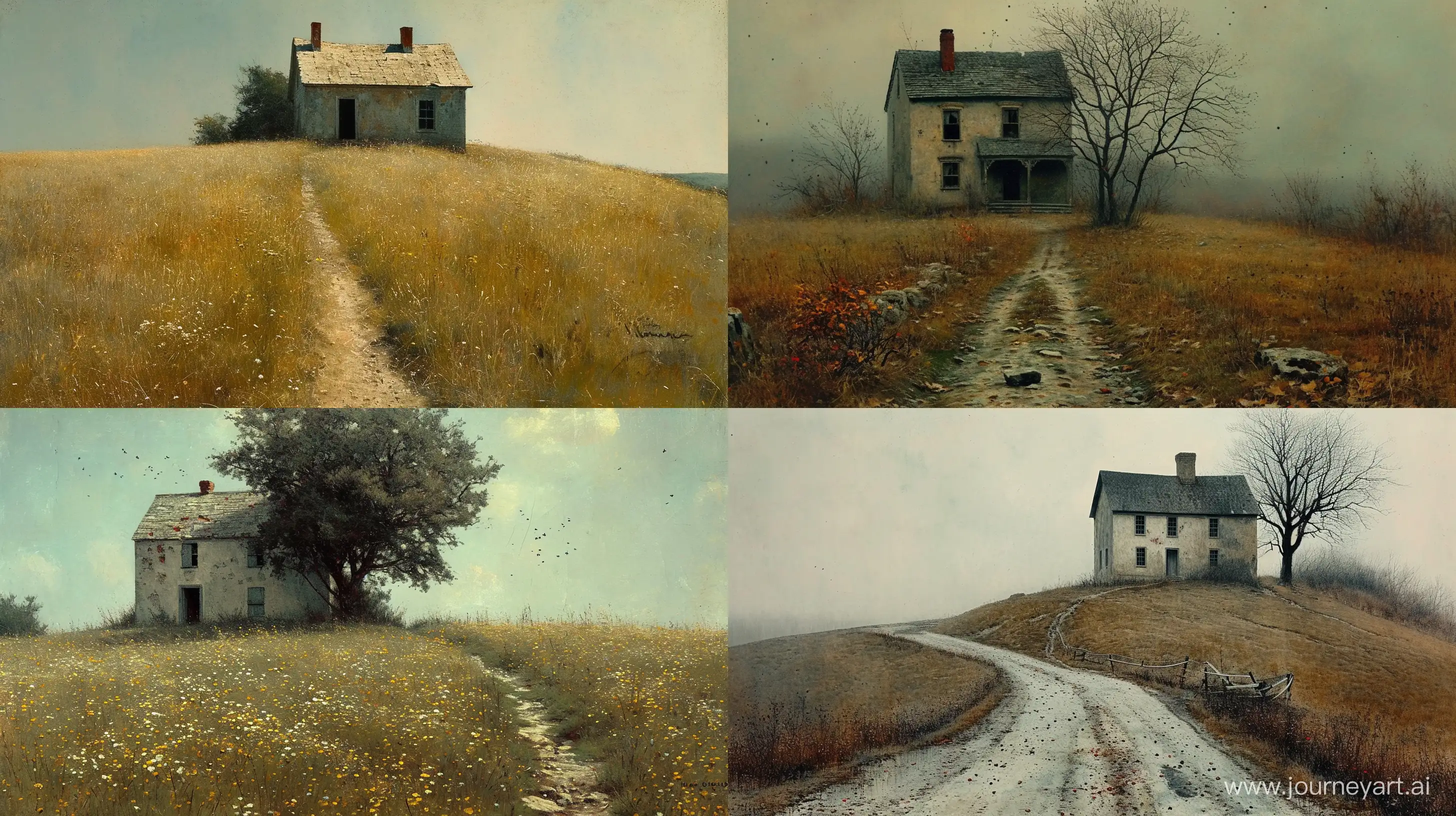 Andrew Wyeth::3 a villa sitting on a hill, in the style of italian landscapes, detailed imagery, made of vines, sanctuary, spectacular backdrops, realistic, somber color scheme, detailed rendering --ar 16:9 --s 750 --v 6.0